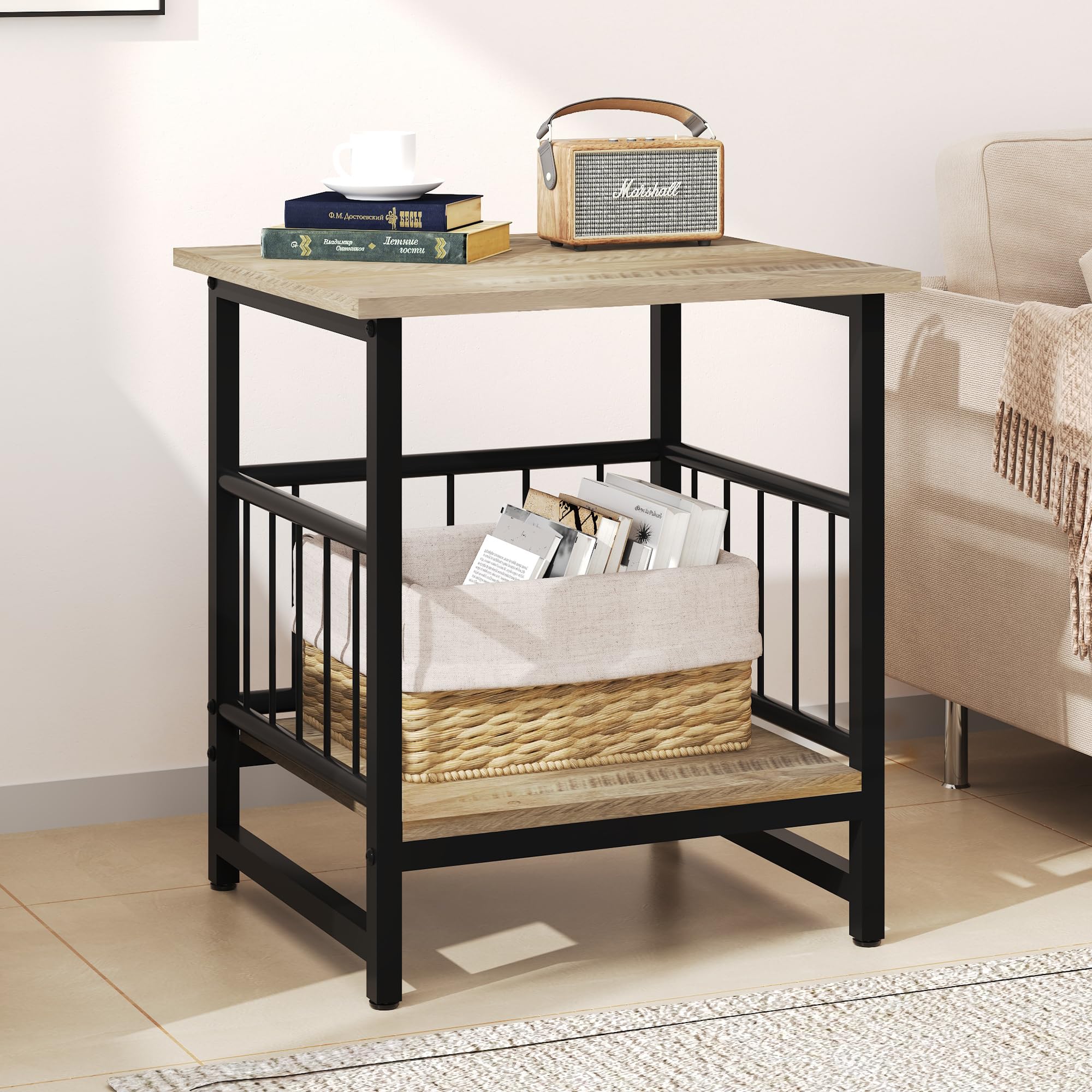 EazeHome Industrial Night Stand, 18” Square Side Table with Open Storage Shelf, Bedside End Table for Bedroom, Heavy Duty Stand for Mini Fridge for Dorm, Kitchen Room, Rustic Brown