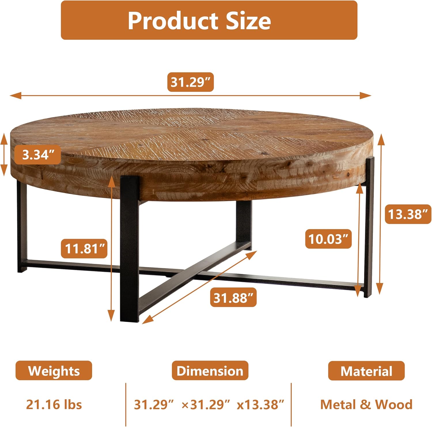 31.29" Splicing Round Coffee Table, Wood Top & Black Legs