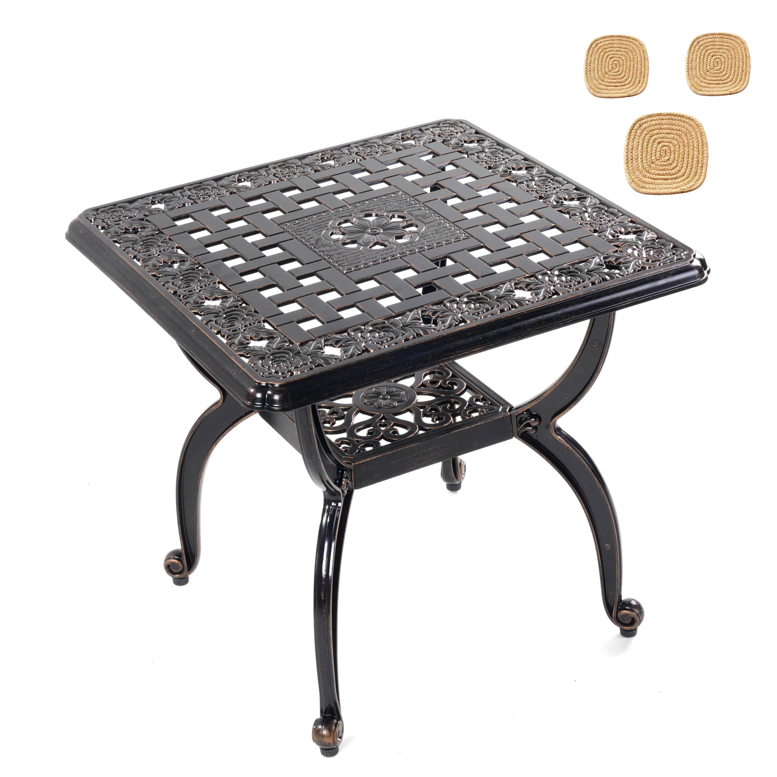 Mandolin Outdoor Patio,Rust -Resistant Cast Aluminum Side Table,Weather Resistant End Table，Coffee Table， Perfect for Patio, Backyard Or Garden. (Aluminum Round, Copper)