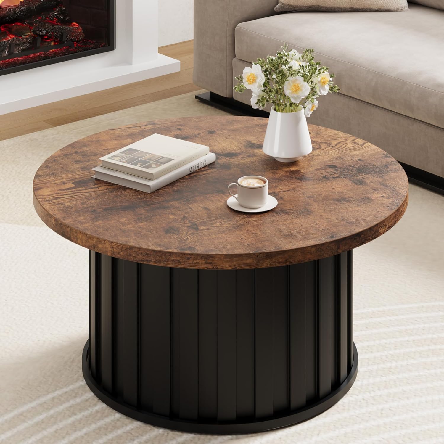 GAOMON 31.9" Round Coffee Table Mid-Century Modern with Fluted Texture & Sturdy Metal Base, Vintage Grey Accent Table for Living Room, Apartment & Small Space, Brown+Black