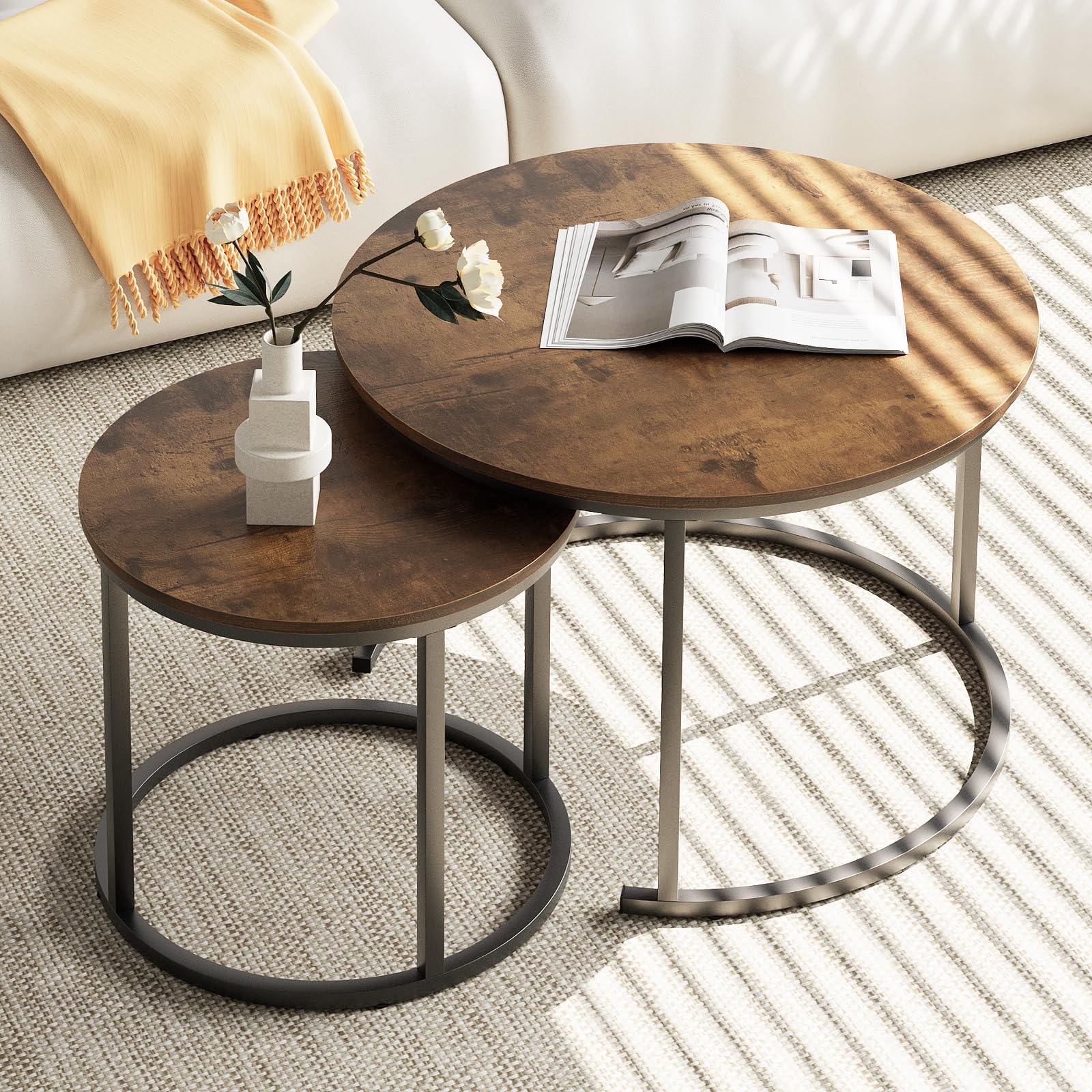 aboxoo Coffee Table Nesting Side Round Set of 2 End Table Top Sturdy Metal Frame Desk Centerpiece Living Room Bedroom Apartment Modern Industrial Simple Nightstand