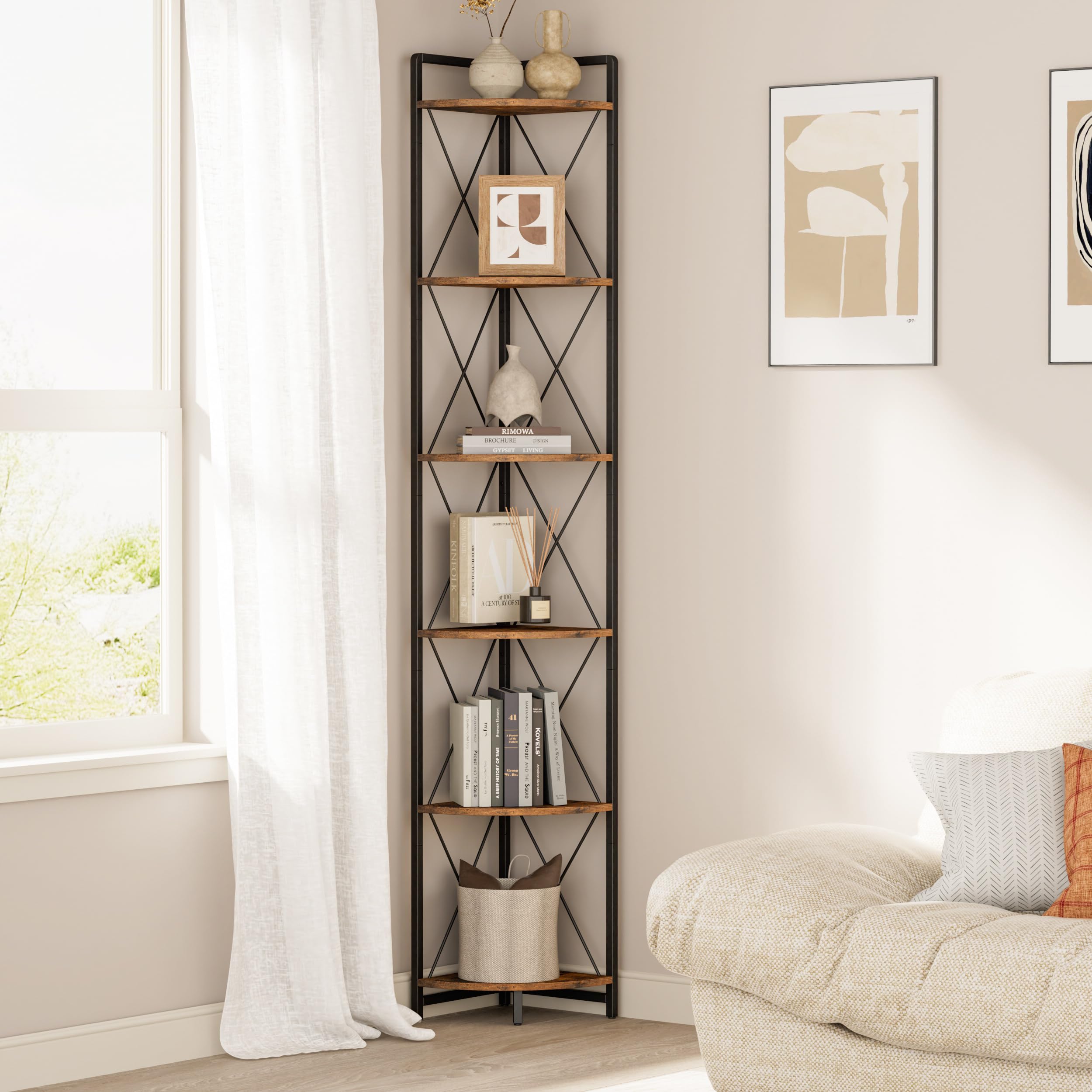 6 Tier Corner Shelf Stand, 78" H Tall Industrial Corner Bookshelf for Living Room Decor, Metal Corner Shelf, Plant Stand Display Shelf for Bedroom, Bathroom, Small Space, Rustic Brown