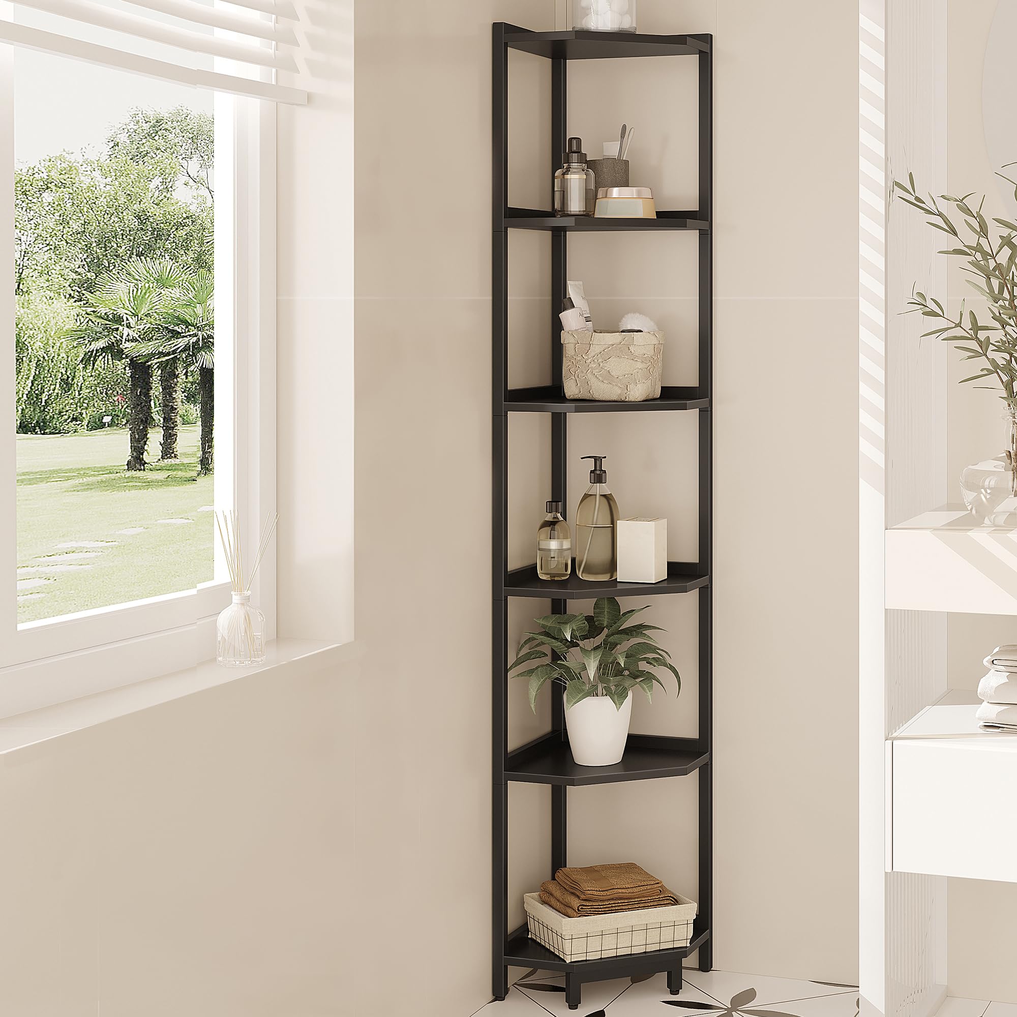 Hzuaneri Corner Shelf Stand, Corner Bookshelf, Storage Standing Shelf Unit with Metal Frame, Plant Stand, Bookcase for Living Room, Home Office, Bedroom, 6-Tier Rustic Brown CS06001B