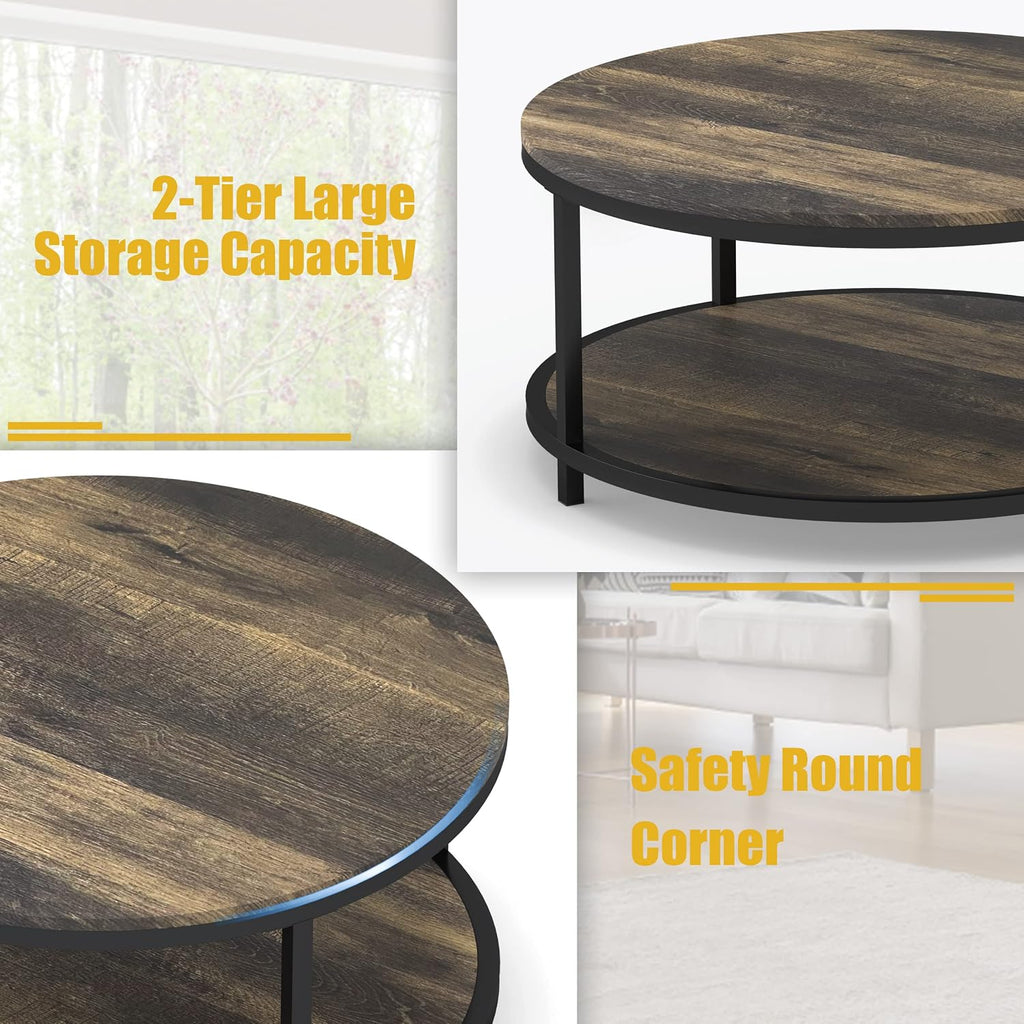 WiberWi Round Coffee Table 35.8" Rustic Vintage Industrial Design Furniture Sturdy Metal Frame Legs Sofa Table Cocktail Table with Storage Open Shelf for Living Room, Easy Assembly, Dark Brown