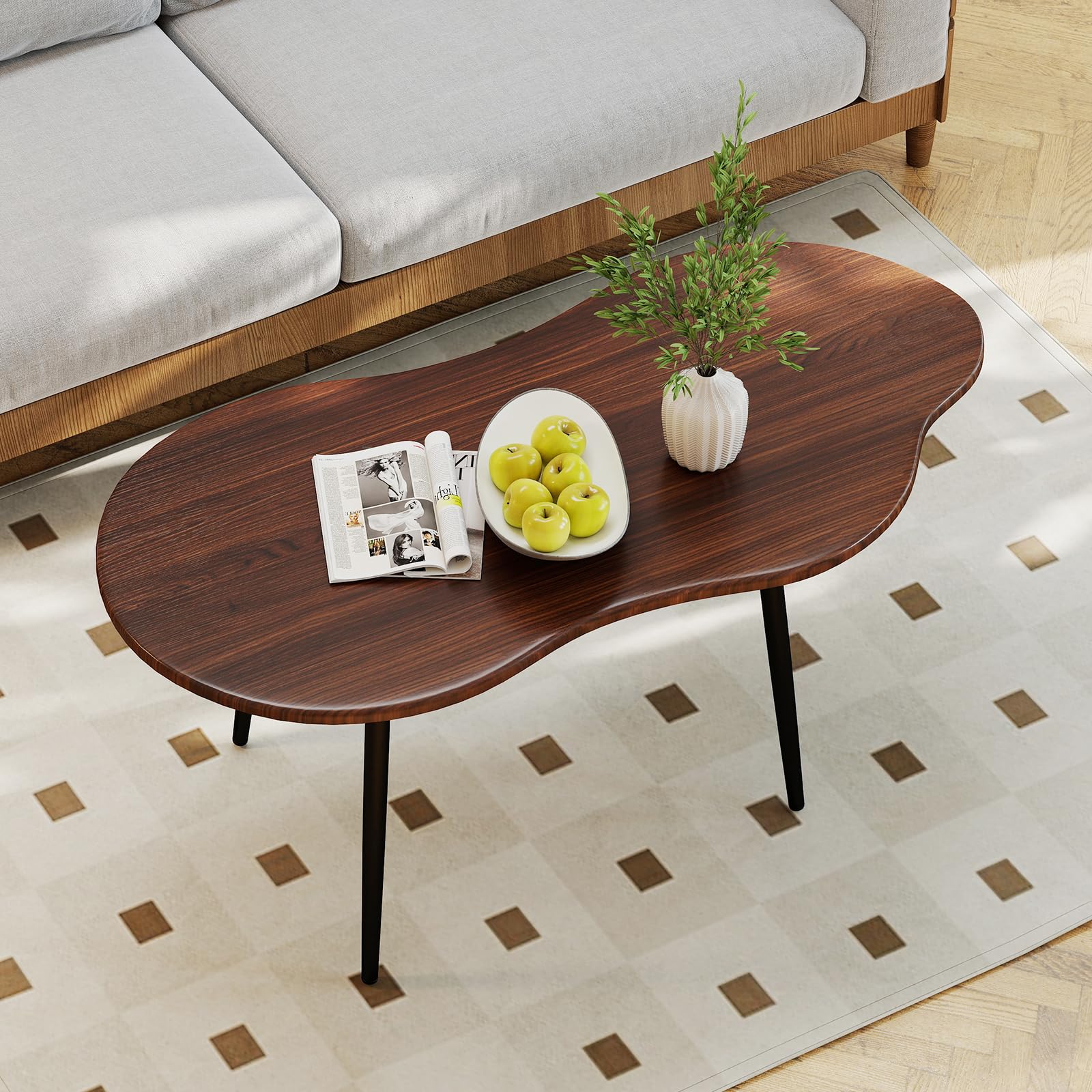 Giantex Oval Coffee Table, Mid Century Modern Center Table with Sturdy Metal Frame and Compact Design, Vintage Accent Cocktail Tea Table, Wood Living Room Tables for Small Spaces (Black)