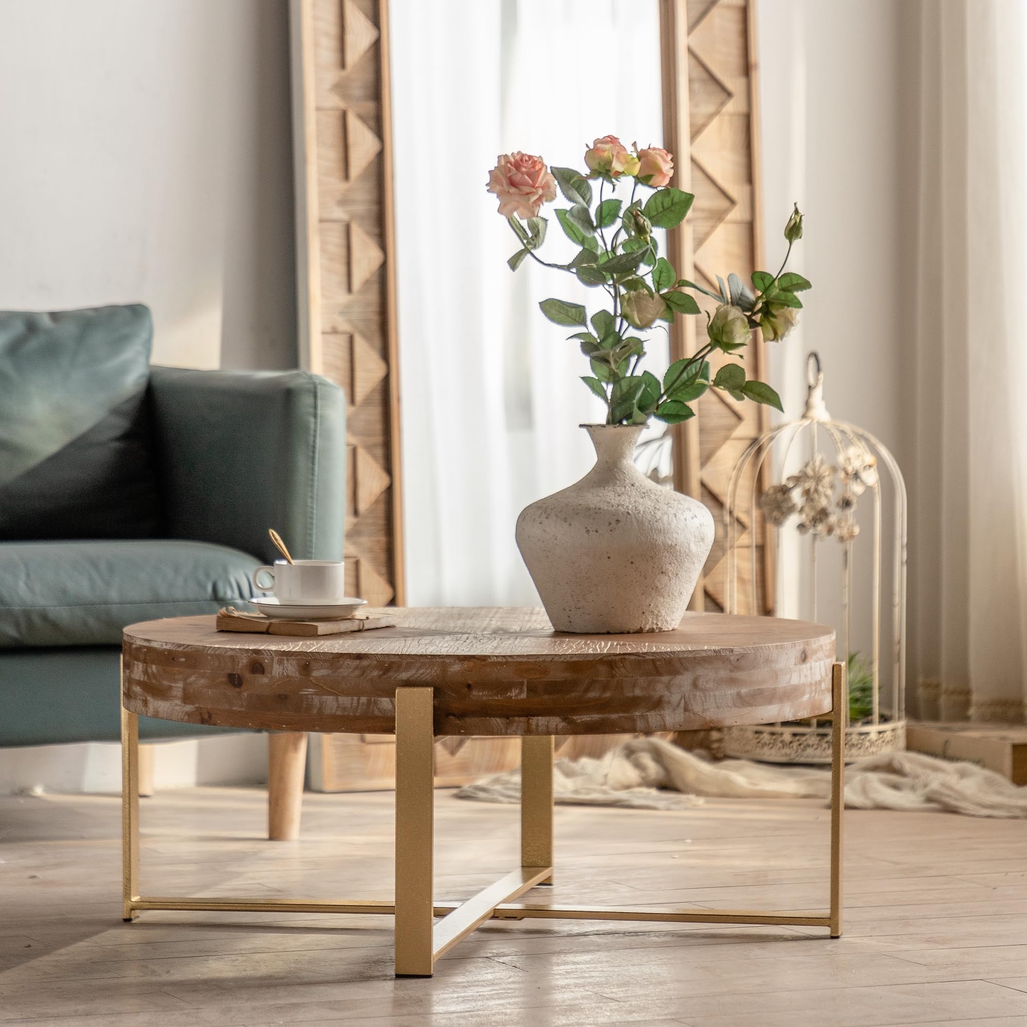 Splicing Round Coffee Table, Retro Style with Fir Wood Top
