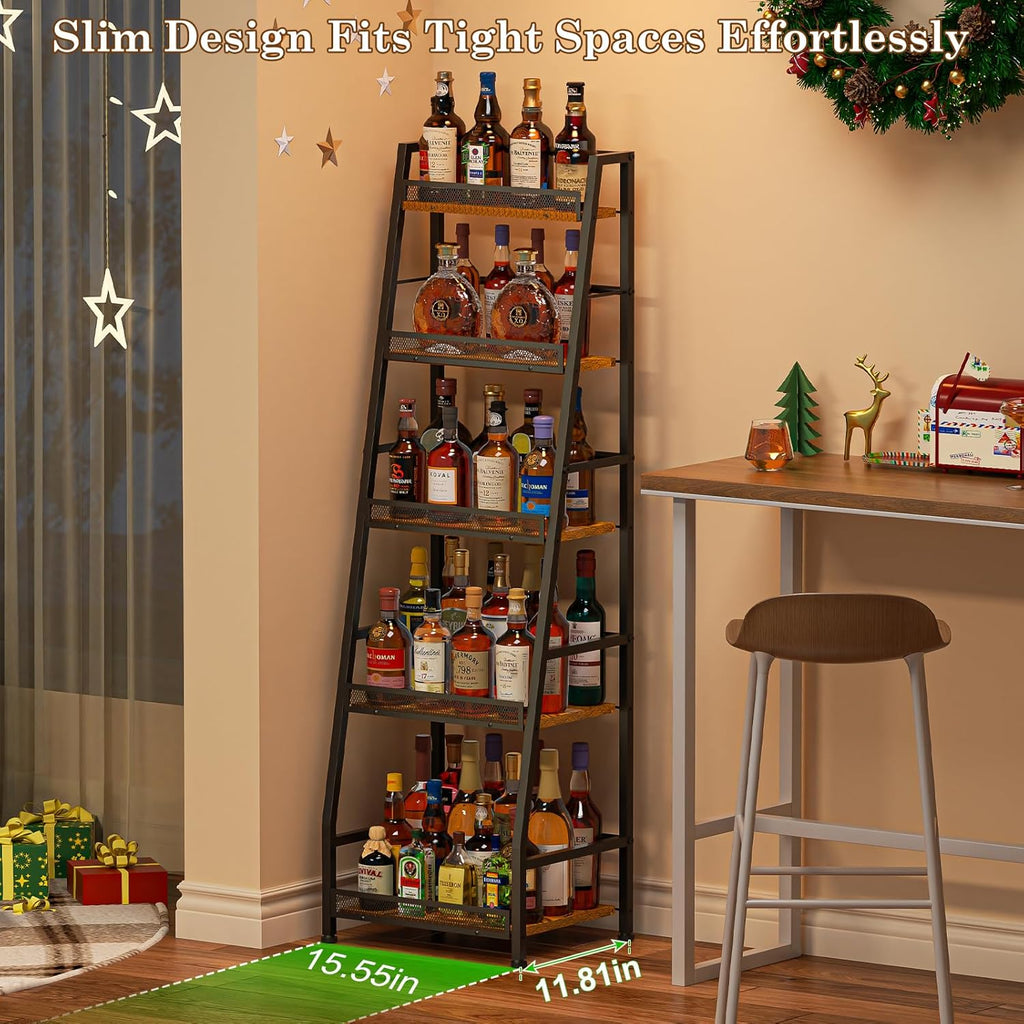5-Tier Trapezoid Liquor Stand for Home Bar, Large-Capacity Liquor Cabinet Bar for Home, Stepped Wine Rack Freestanding Floor for Whiskey, Corner Wine Bottle Display Shelf with Fences for Living Room