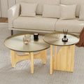 Mid Century Modern Round Coffee Table, Small Center Table with Stainless Steel Top and X-Shaped Wood Base for Living Room, Bedroom, Home Office, Walnut