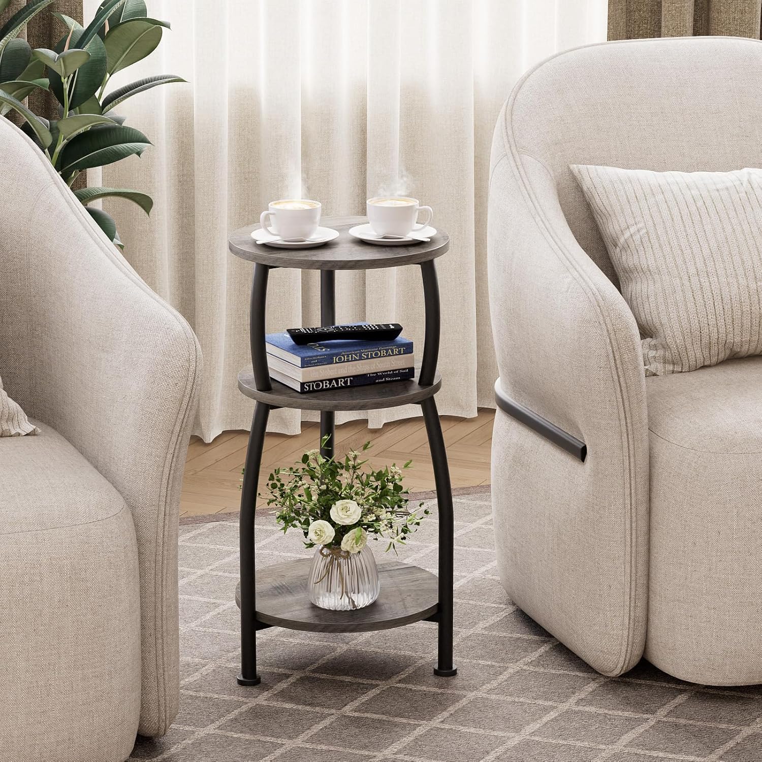 Small Round Side Table, 3-Tier End Table with Storage Shelf, Slim Sofa Table Coffee Table, Sturdy & Easy Assemble Nightstand for Small Spaces, Living Room Bedroom Corner, Grey