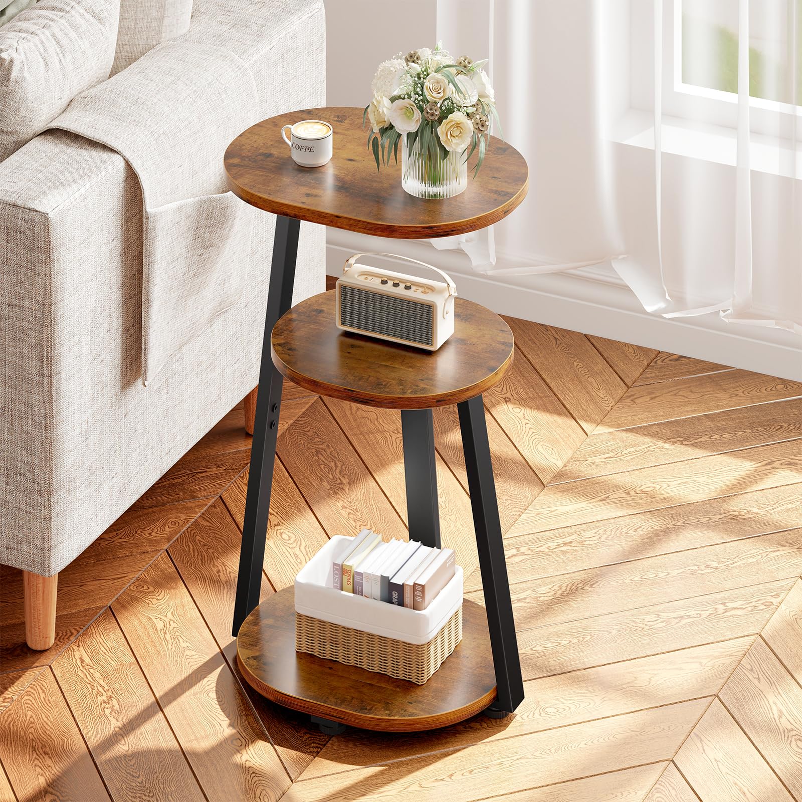Kalrin Side Table, Small End Table with Metal Frame, 3-Tier Bedside Tables, Round Side Tables for Living Room Bedroom Couch Bathroom, Oval, Pure Black