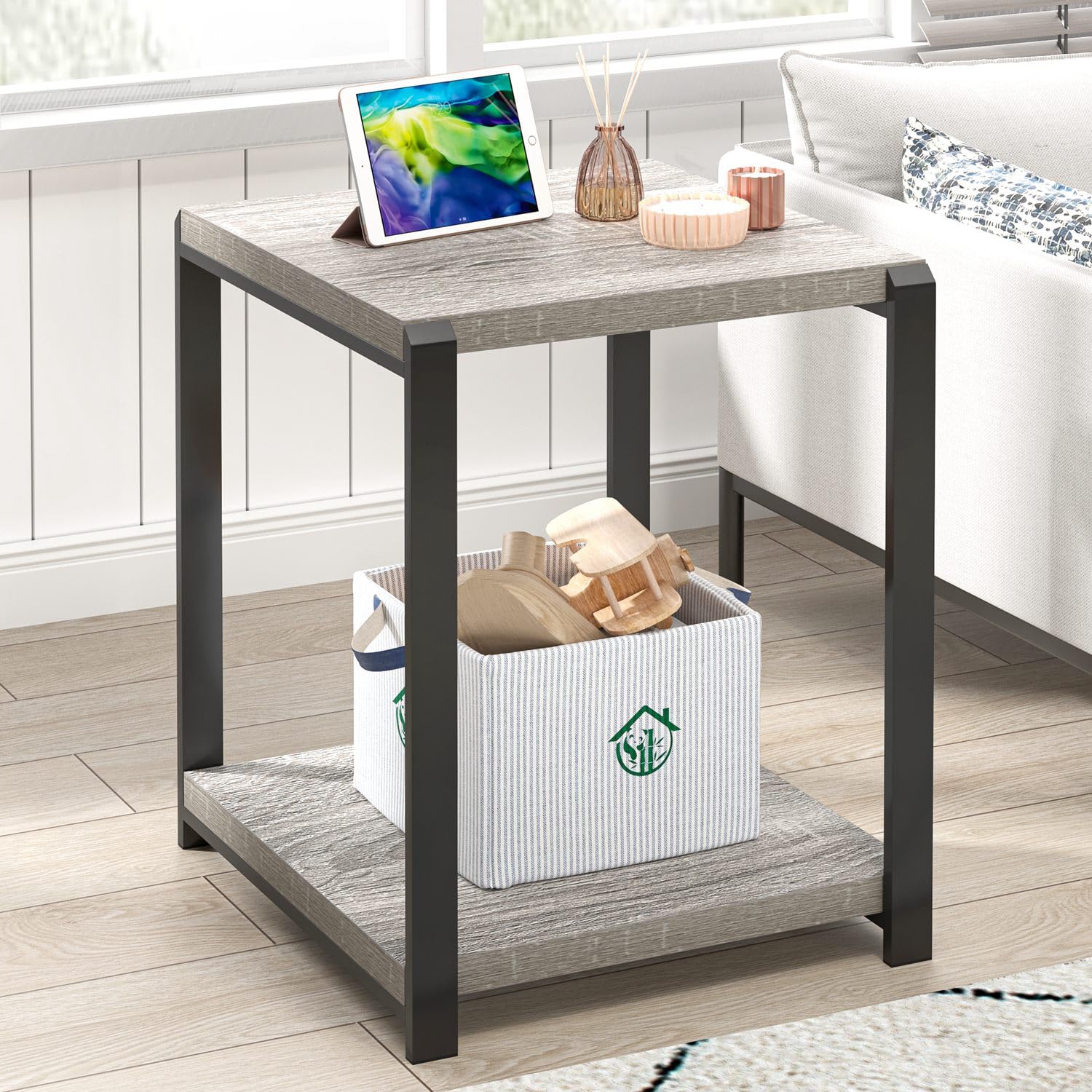 FOLUBAN Industrial End Table, Square Side Table with Storage Shelf for Living Room, Wood and Metal Nightstand, Oak