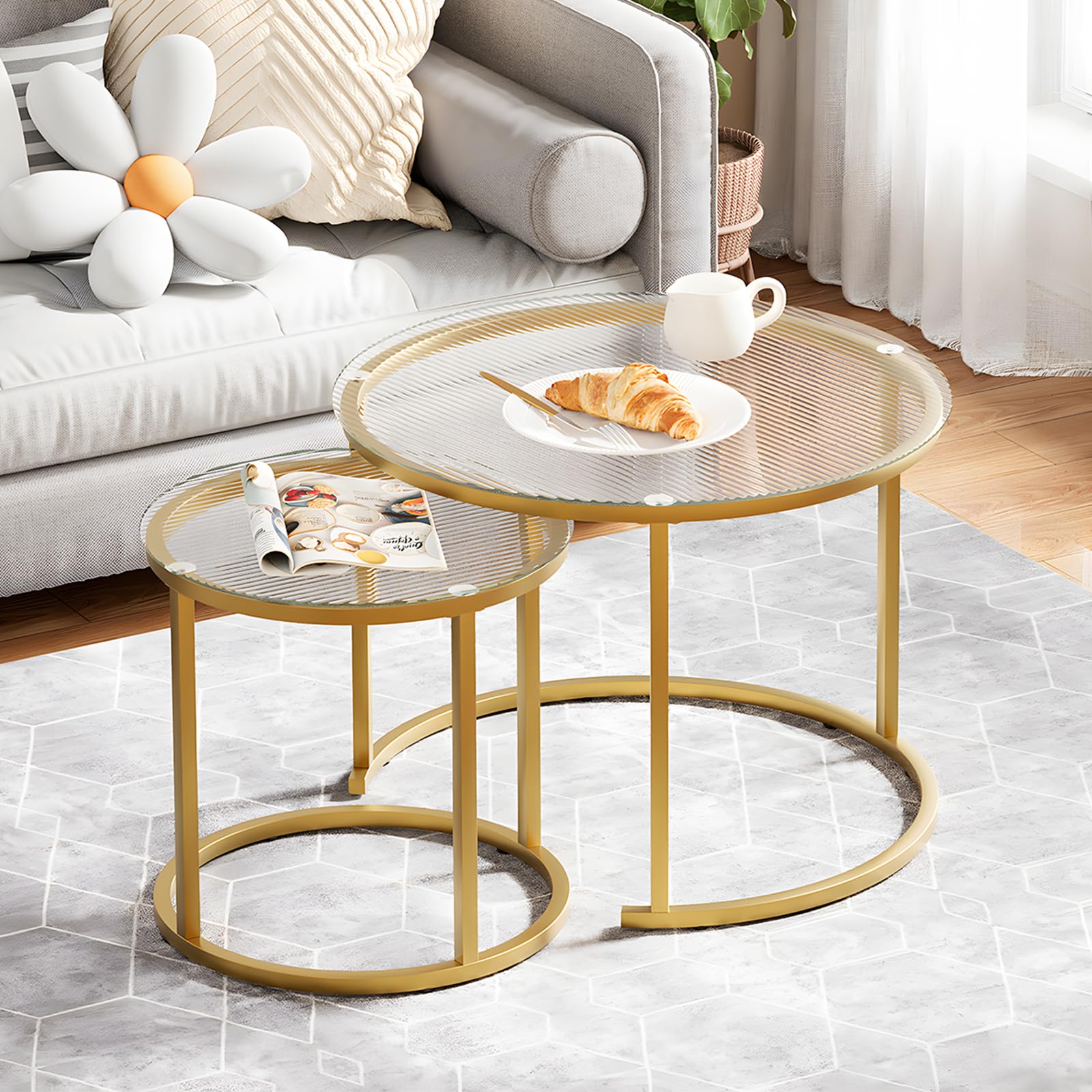 aboxoo Coffee Table Nesting Side Round Set of 2 End Table Top Sturdy Metal Frame Desk Centerpiece Living Room Bedroom Apartment Modern Industrial Simple Nightstand