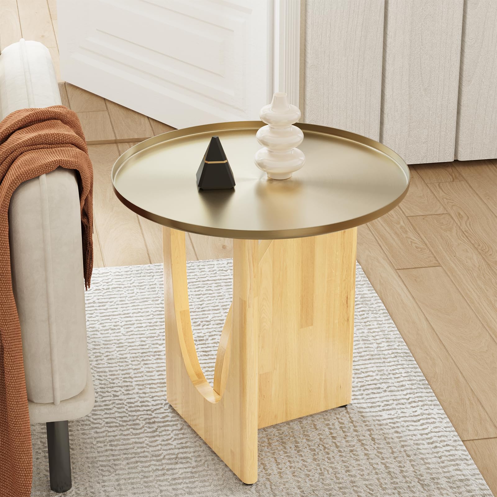 Mid Century Modern Round Coffee Table, Small Center Table with Stainless Steel Top and X-Shaped Wood Base for Living Room, Bedroom, Home Office, Walnut