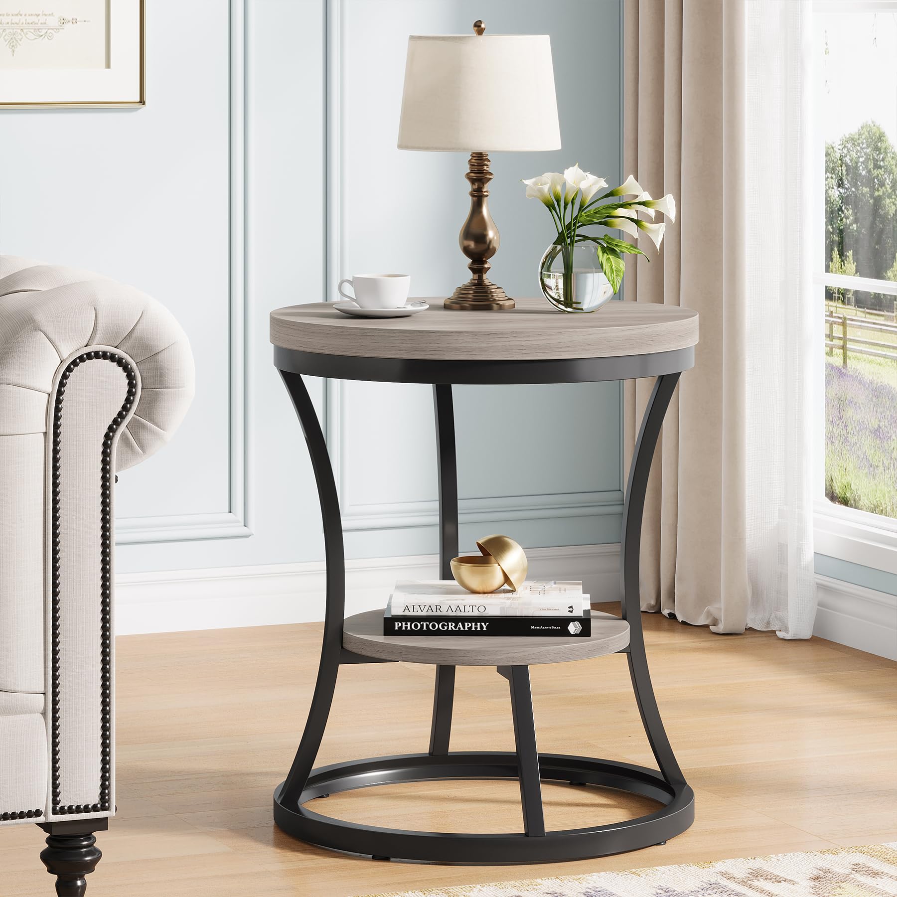 Round End Table, 2 Tier Industrial Side Table, Accent Bedside Table Nightstand with Metal Frame for Living Room, Bedroom, Small Spaces, Easy Assembly, Rustic Brown & Black
