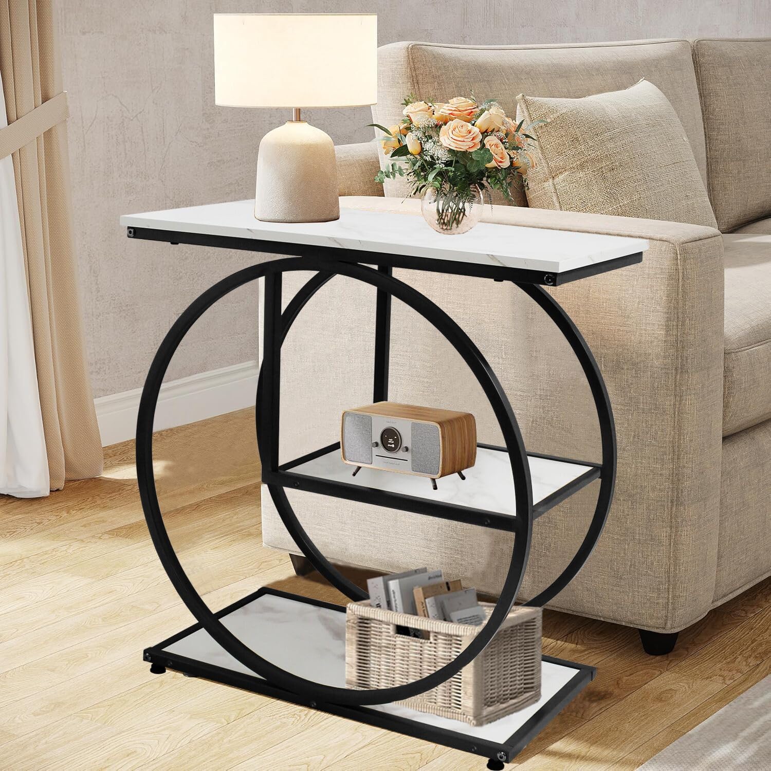 AT-VALY 3-Tier End Table, Side Table with Storage Shelves, Small Sofa Side Table for Living Room, Bedroom (Black)
