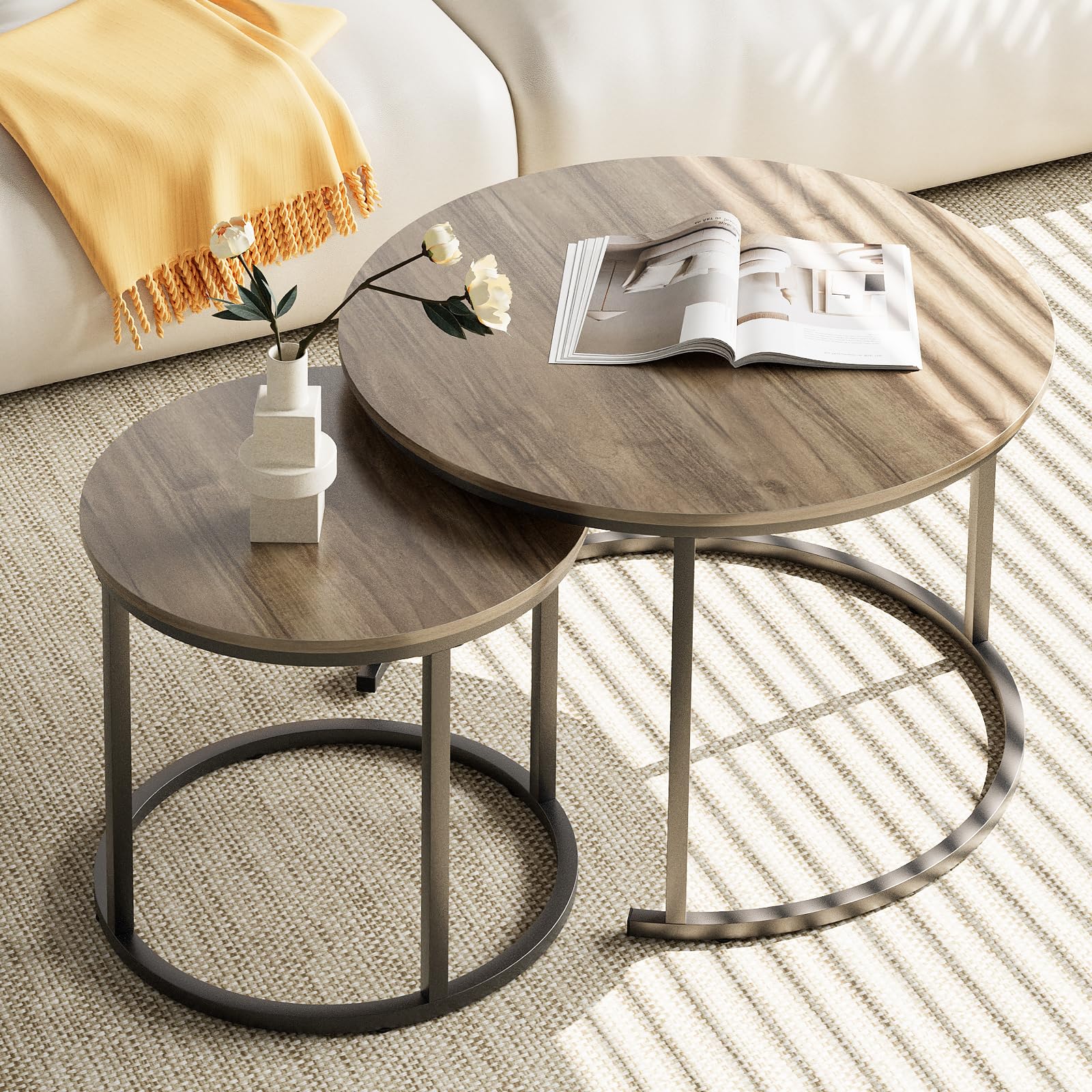 aboxoo Coffee Table Nesting Side Round Set of 2 End Table Top Sturdy Metal Frame Desk Centerpiece Living Room Bedroom Apartment Modern Industrial Simple Nightstand