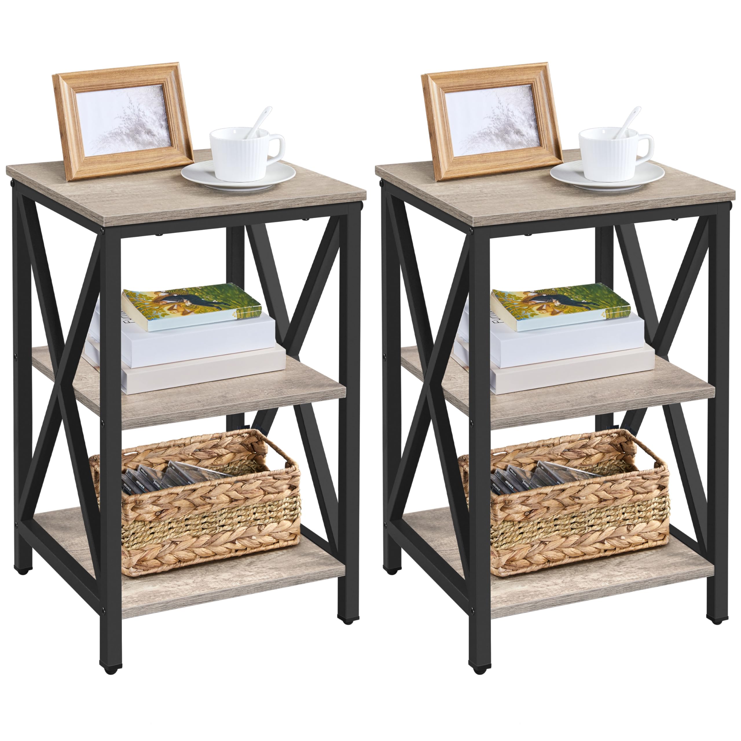 Yaheetech Industrial End Tables, 3-Tier Side Tables with Storage Shelves for Living Room, X Design Sofa Tables, Strong Metal Frame, Easy Assembly, Rustic Brown