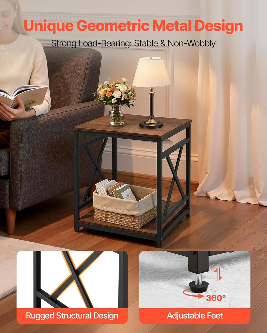 VEVOR End Table 18" Square, 2-Tier Side Table with Open Storage Shelves, Industrial Nightstand Bedside Table with Metal Frame & Wood Top, Small Sofa Table for Living Room, Bedroom, Office, Dorm