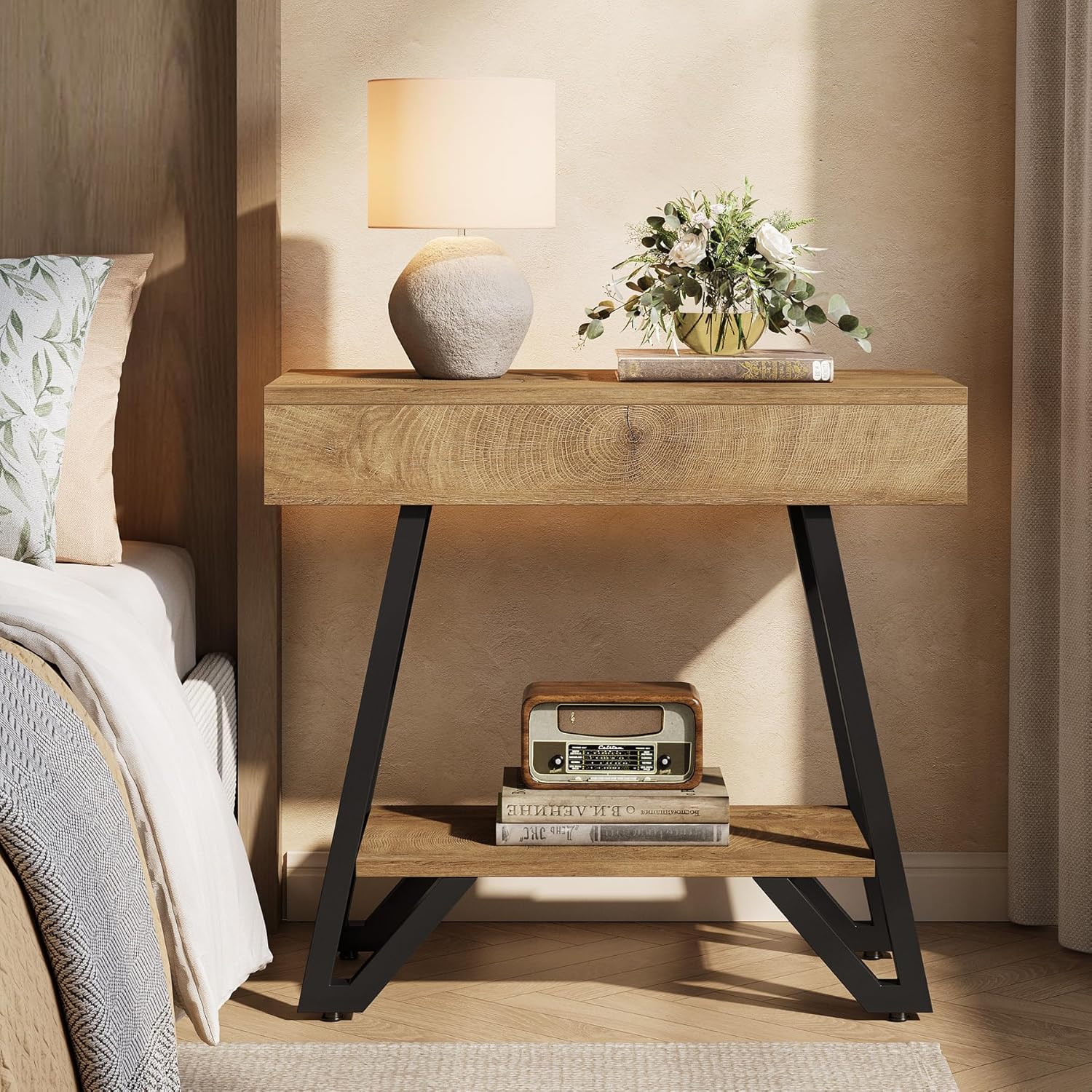 Tribesigns Metal End Side Table for Living Room, 2-Tier Narrow Couch Side Table with Storage Shelves, Small Bedside Nightstand for Bedroom, Small Spaces, Natural