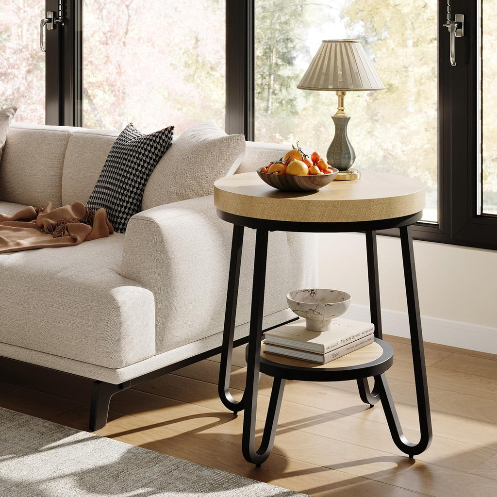 IRONCK Round Side Table, 2 Tier Industrial End Table with Storage Shelf, 19.7" Accent Bedside Table for Living Room, Bedroom, Small Spaces, Wood Tabletop & Curved Metal Legs, Light Brown