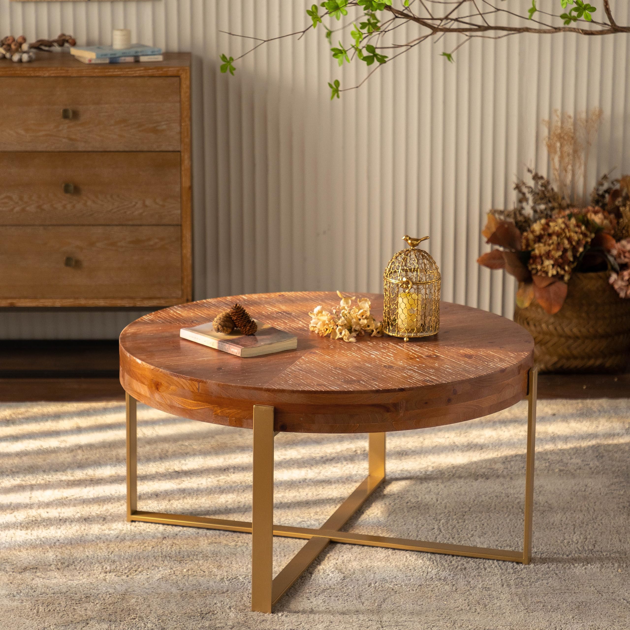 Splicing Round Coffee Table, Retro Style with Fir Wood Top