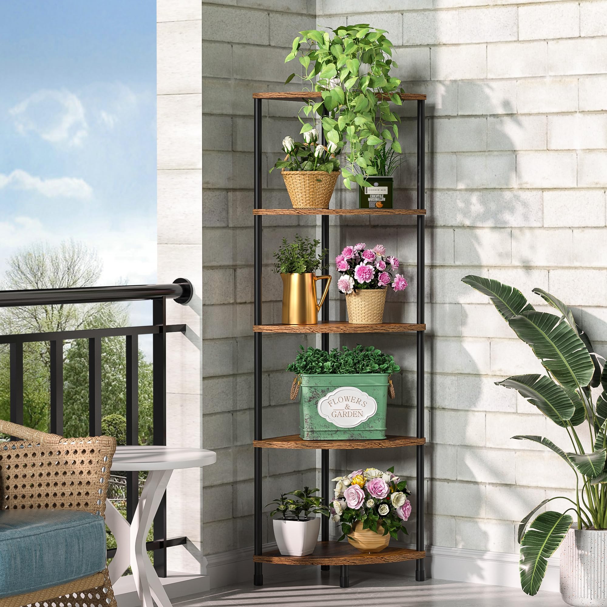 Corner Plant Stand Shelf, 5 Tier Tall Shelf Plant Stand for Indoor Plants, Rustic Brown Corner Bookshelf Wall Decor Living Room, 44.1" Display Shelf for Bedroom, Bathroom, Small Space