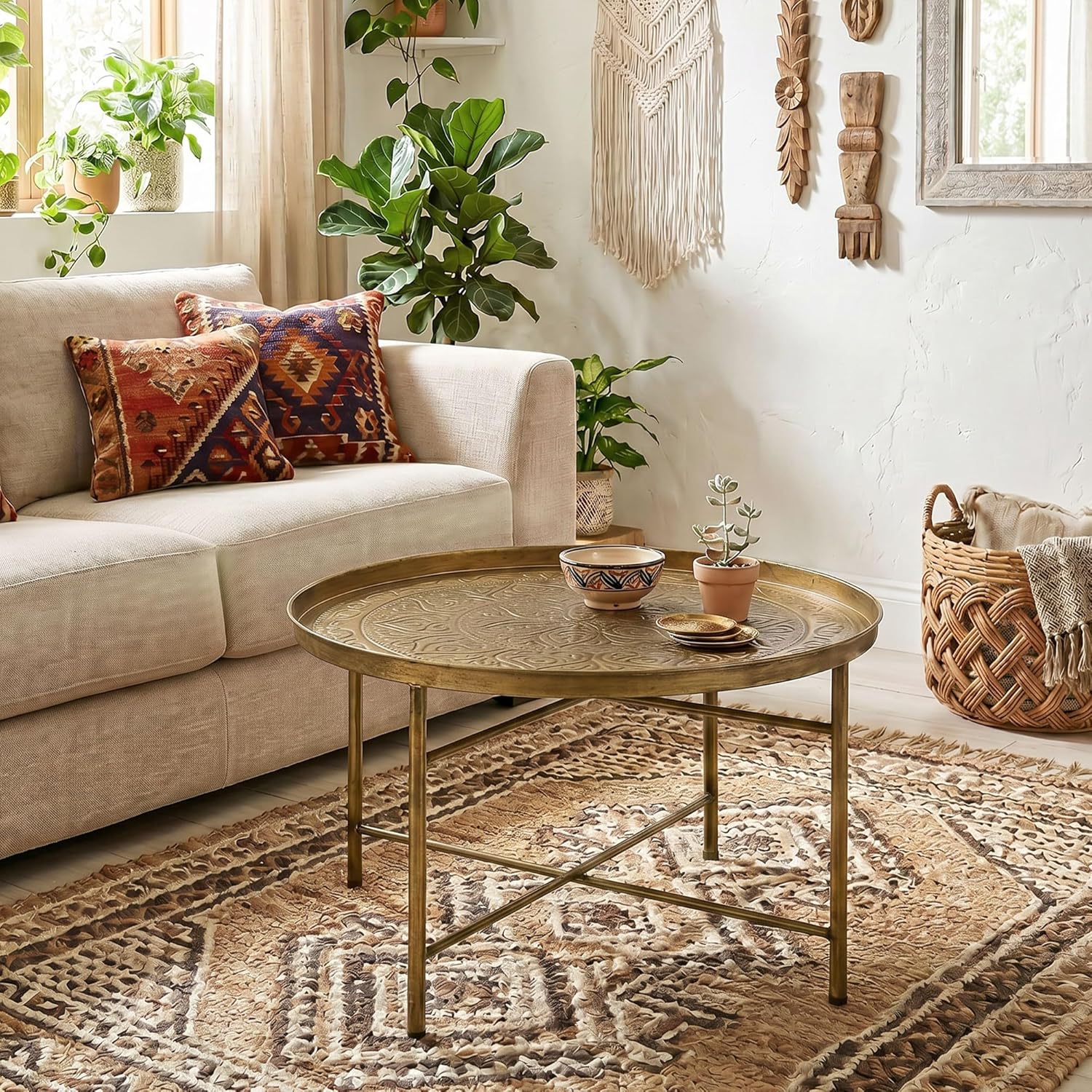 HOMCOM 24" Round Coffee Table with Hammered Tray Top, Vintage Metal Center Table for Living Room, Bedroom, Side Table, Gold