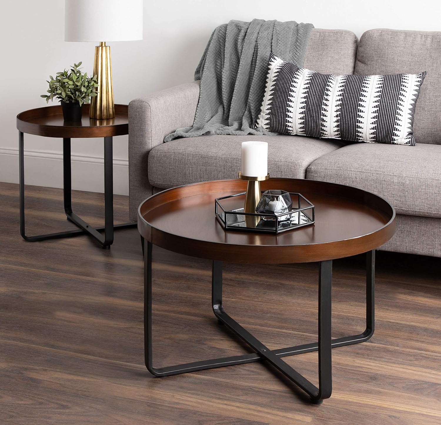 Kate and Laurel Zabel Modern Round Metal Coffee Table with Criss Cross Base, Bronze and Black