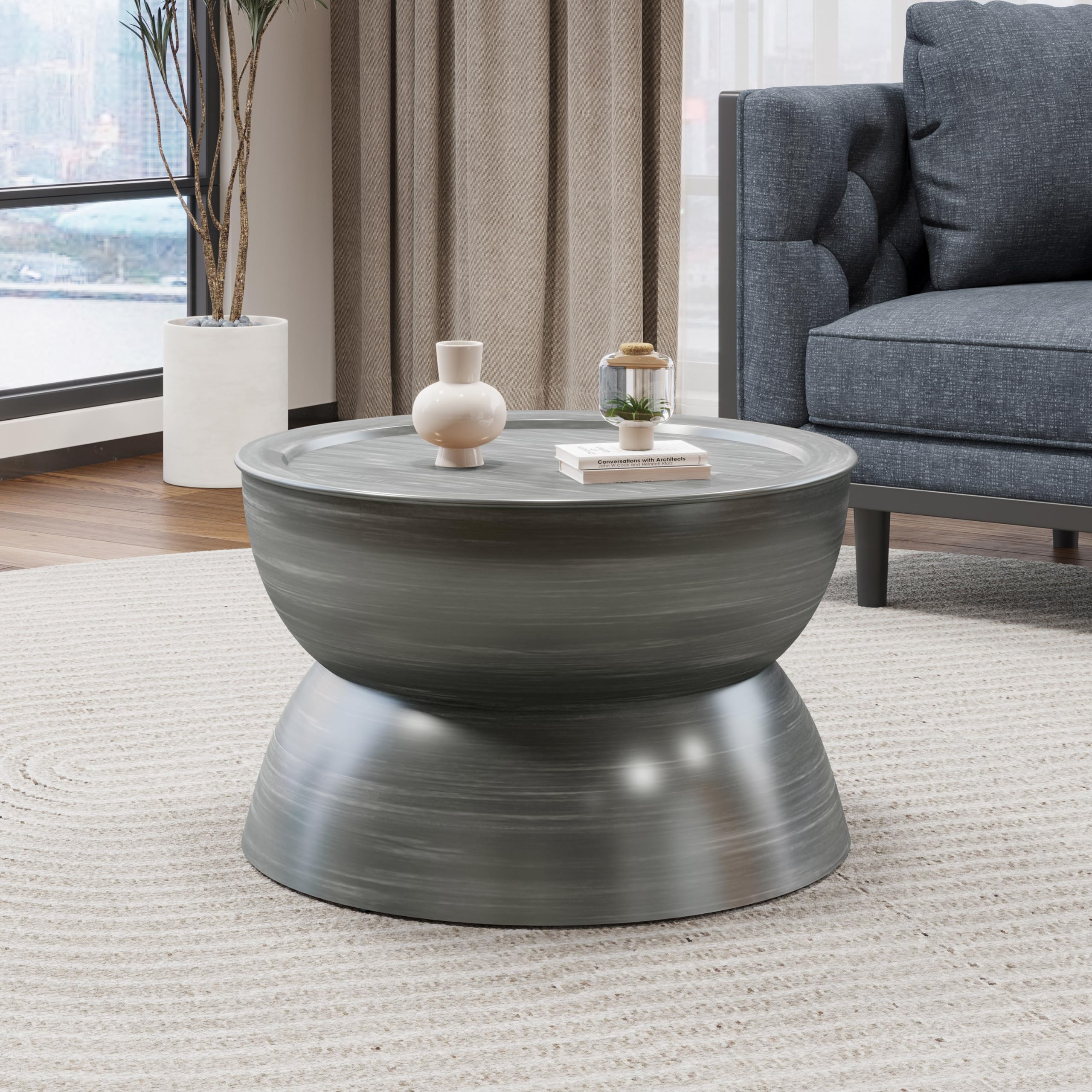 Merax Metal Hammered Coffee Table 24.25" Round Tabletop, Modern Iron Hourglass Coffee Table for Living Room, No Assembly Required, Bear 150lbs, Antique Bronze