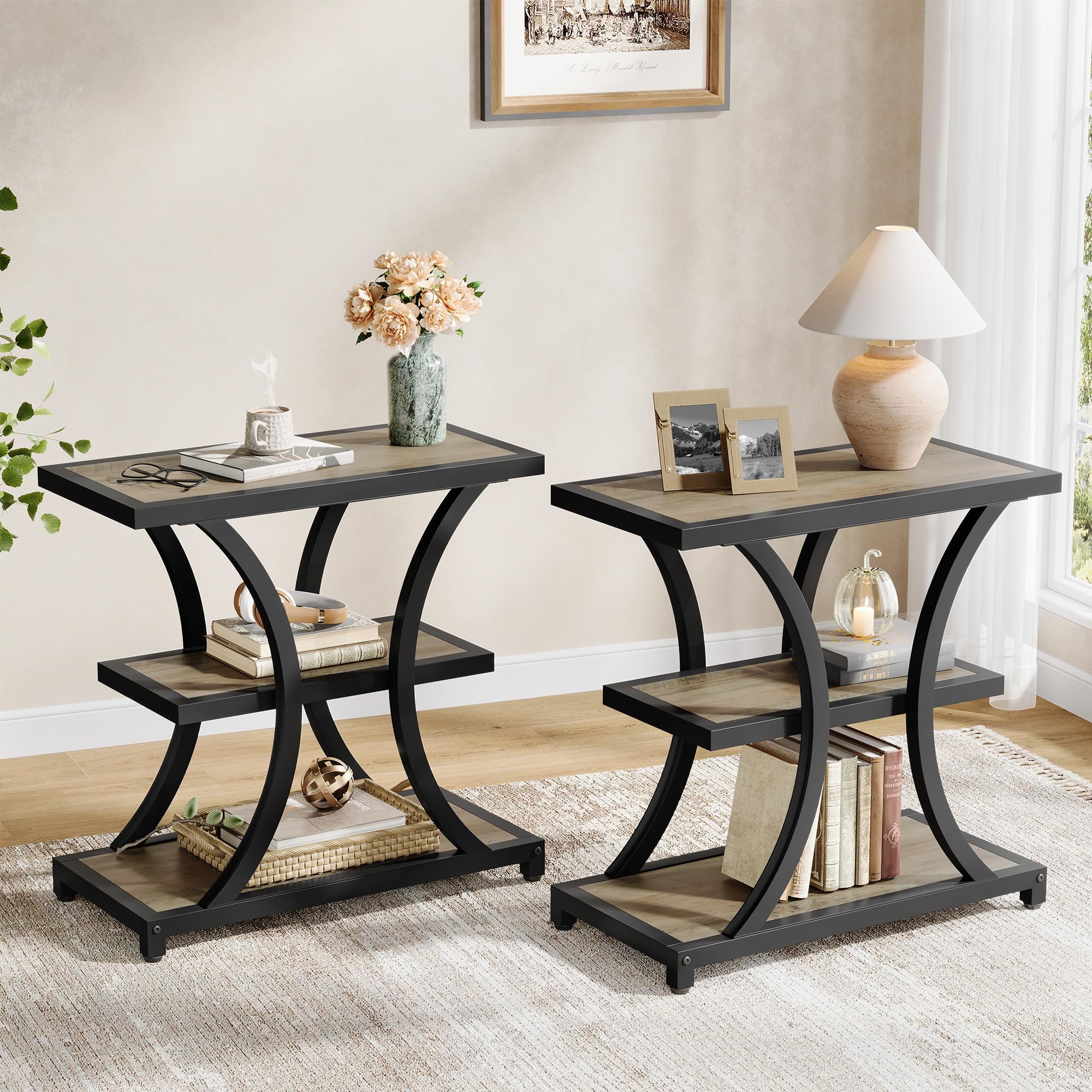 Tribesigns End Table with Storage, 3-Tier Side Table with Geometric Metal Design, Industrial Nightstand for Small Spaces, Living Room, Bedroom, Study Room (Rustic Brown)
