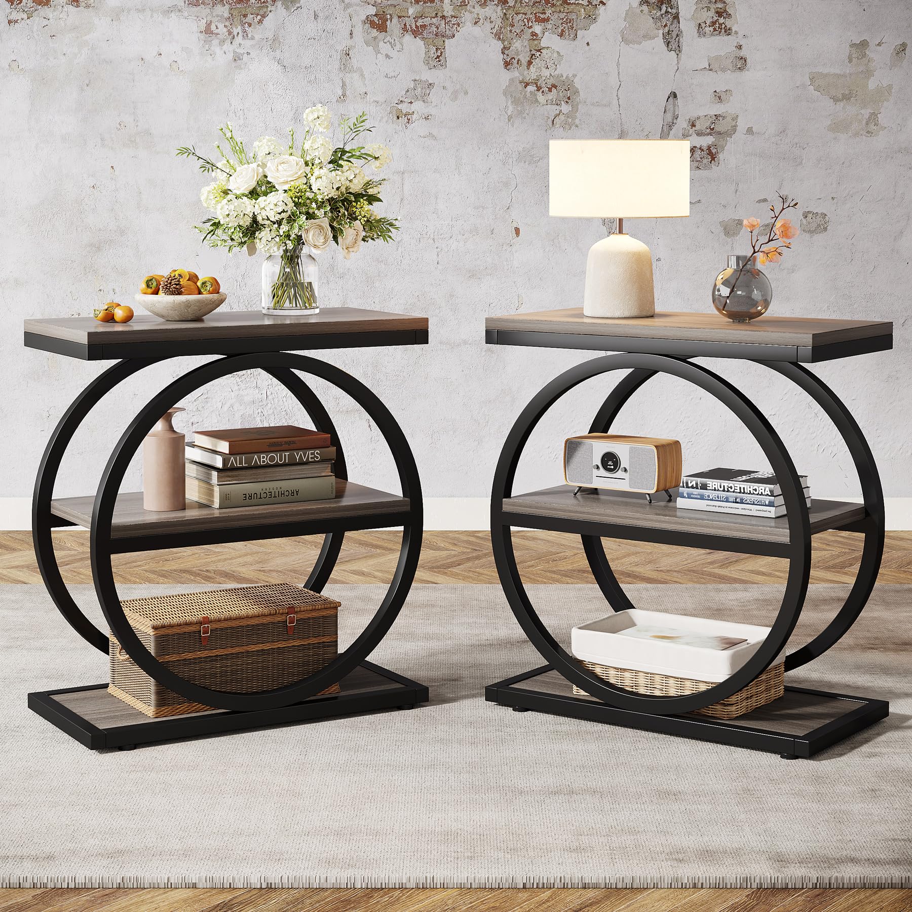 Tribesigns End Table, Narrow End Table with 3 Storage Shelves, Wood Side Table with Black Metal Frames, Industrial Small Sofa Side Table for Living Room, Grey Nightstand and Bedside Table for Bedroom
