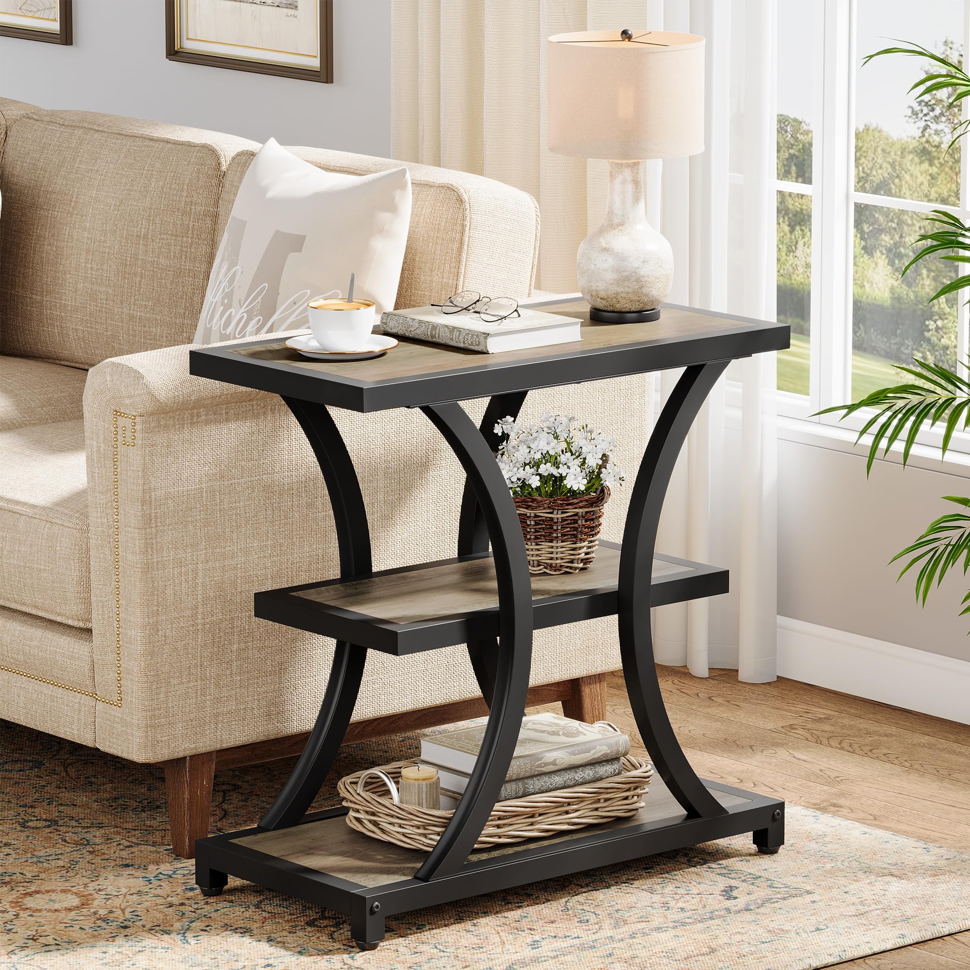 Tribesigns End Table with Storage, 3-Tier Side Table with Geometric Metal Design, Industrial Nightstand for Small Spaces, Living Room, Bedroom, Study Room (Rustic Brown)