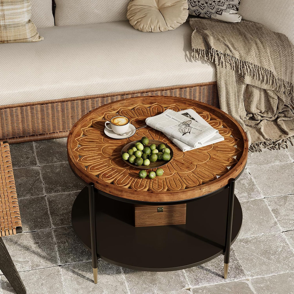 Solid Wood Round Coffee Table, 31.5-Inch Boho Center Tea Table with Metal Storage Frame & Carved Floral Pattern, Living Room Coffee Table Furniture for Small Spaces, Apartment, Rustic Brown