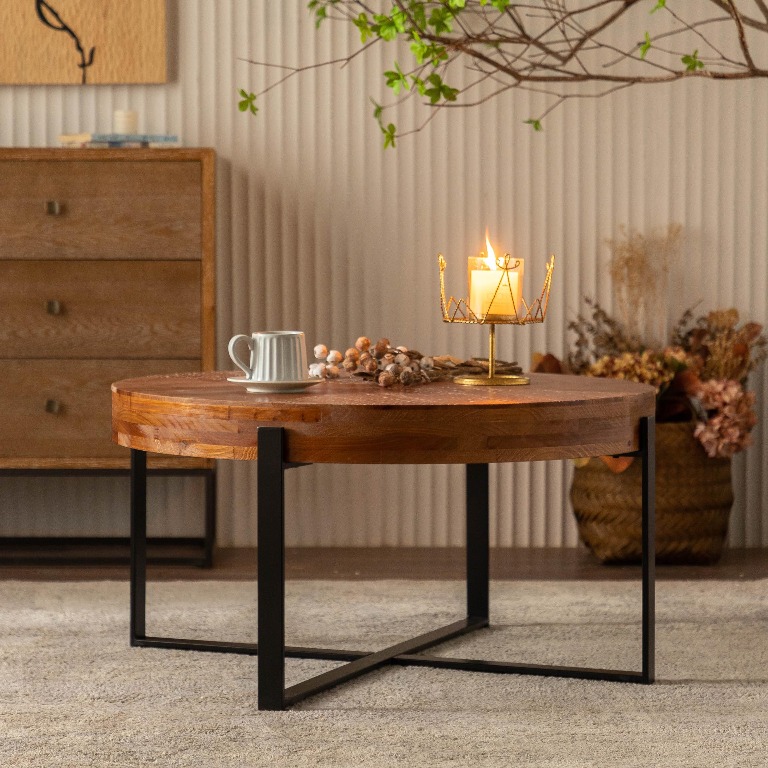 Splicing Round Coffee Table, Retro Style with Fir Wood Top