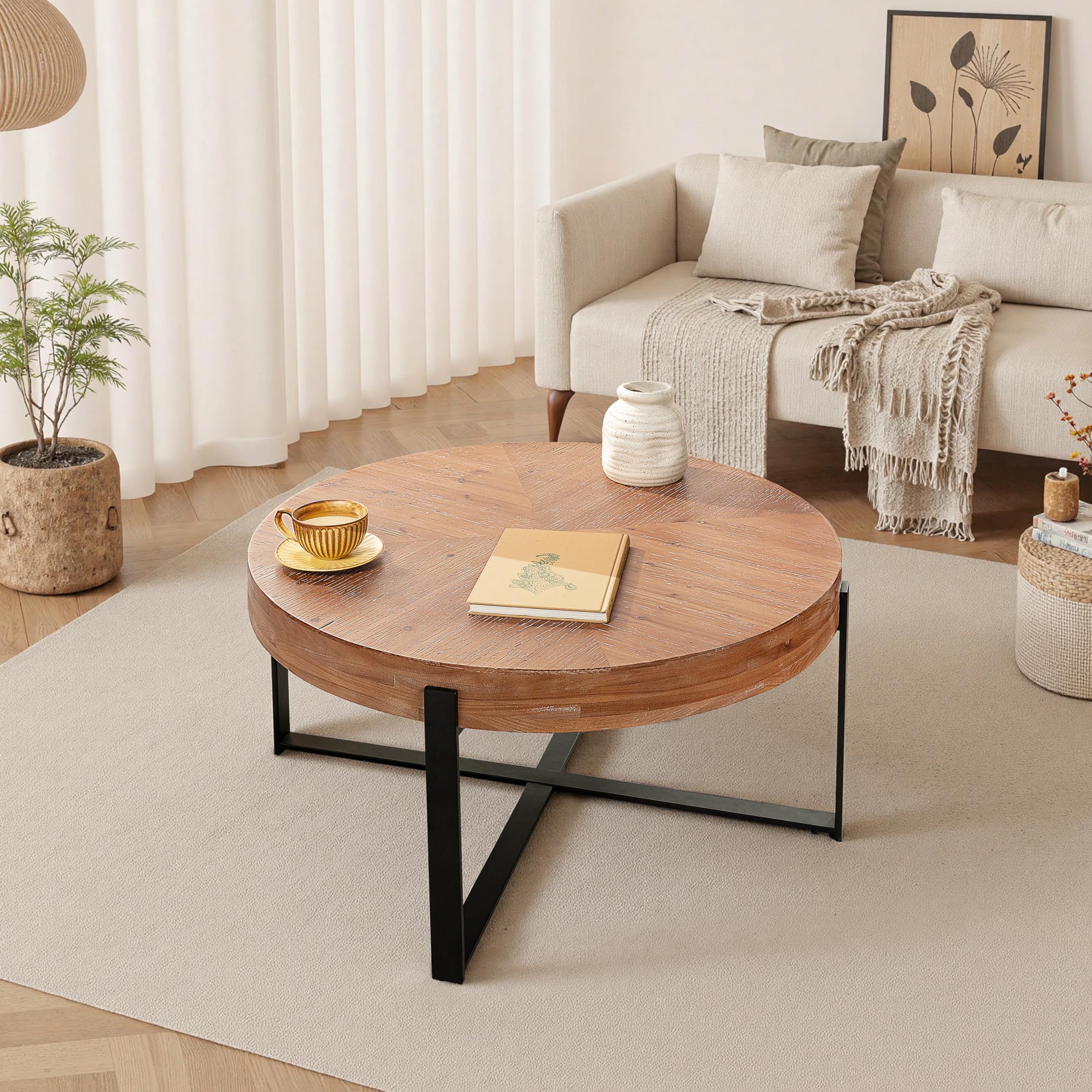 31.29" Splicing Round Coffee Table, Wood Top & Black Legs