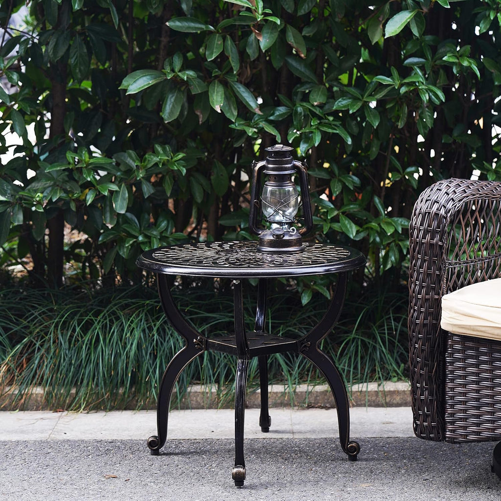 Mandolin Outdoor Patio,Rust -Resistant Cast Aluminum Side Table,Weather Resistant End Table，Coffee Table， Perfect for Patio, Backyard Or Garden. (Aluminum Round, Copper)