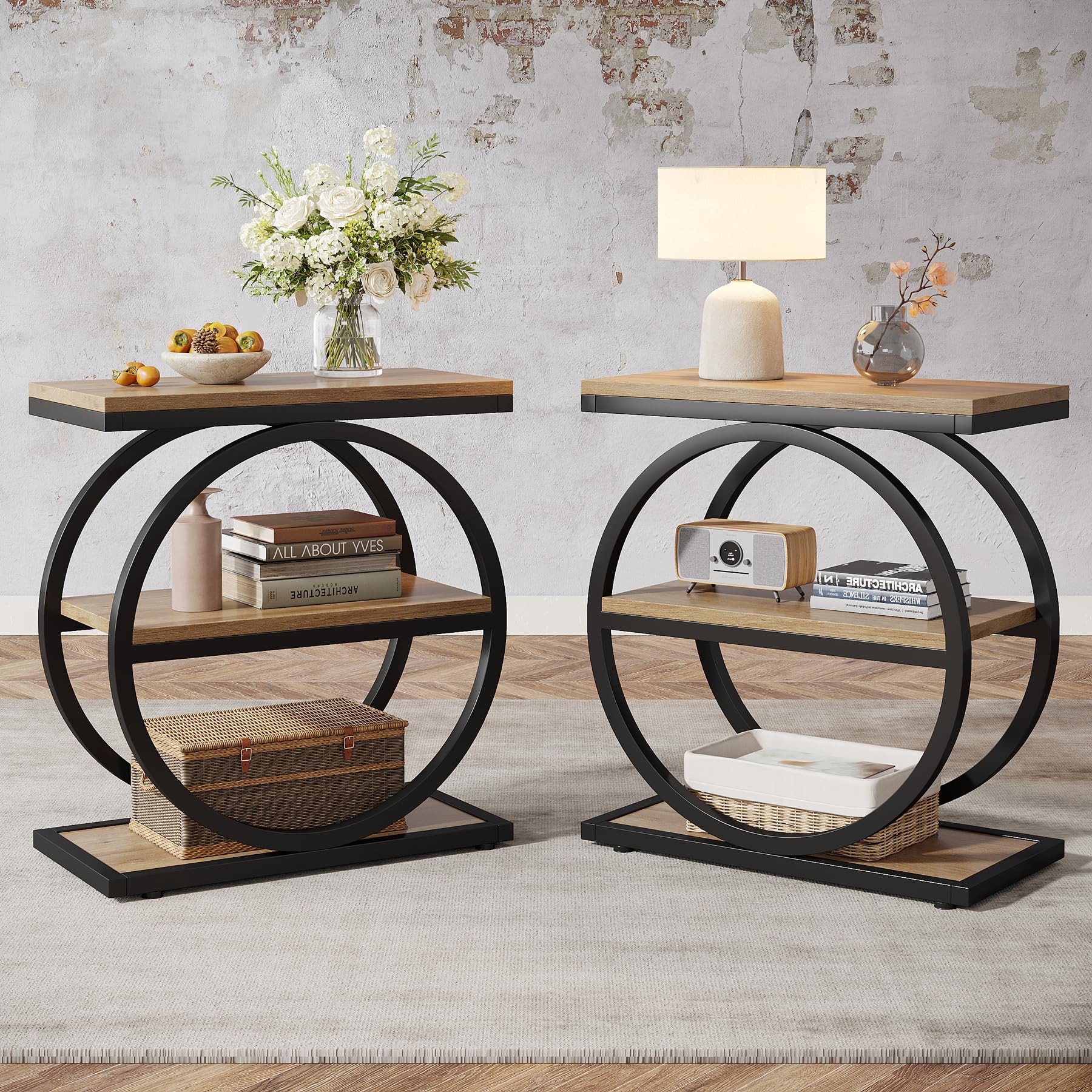 Tribesigns End Table, Narrow End Table with 3 Storage Shelves, Wood Side Table with Black Metal Frames, Industrial Small Sofa Side Table for Living Room, Grey Nightstand and Bedside Table for Bedroom