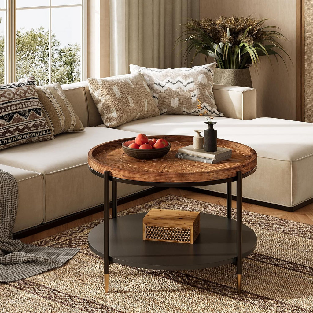 Solid Wood Round Coffee Table, 31.5-Inch Boho Center Tea Table with Metal Storage Frame & Carved Floral Pattern, Living Room Coffee Table Furniture for Small Spaces, Apartment, Rustic Brown