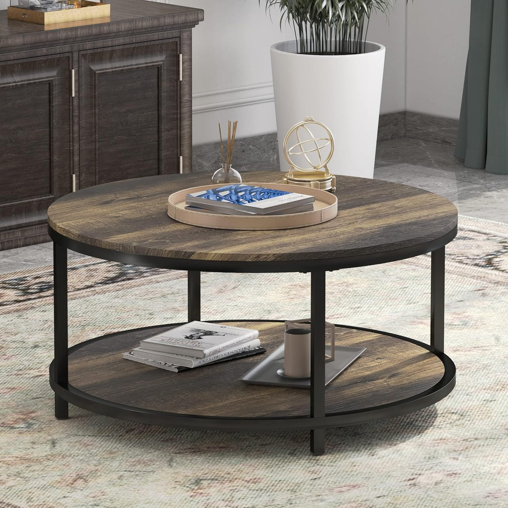 WiberWi Round Coffee Table 35.8" Rustic Vintage Industrial Design Furniture Sturdy Metal Frame Legs Sofa Table Cocktail Table with Storage Open Shelf for Living Room, Easy Assembly, Dark Brown