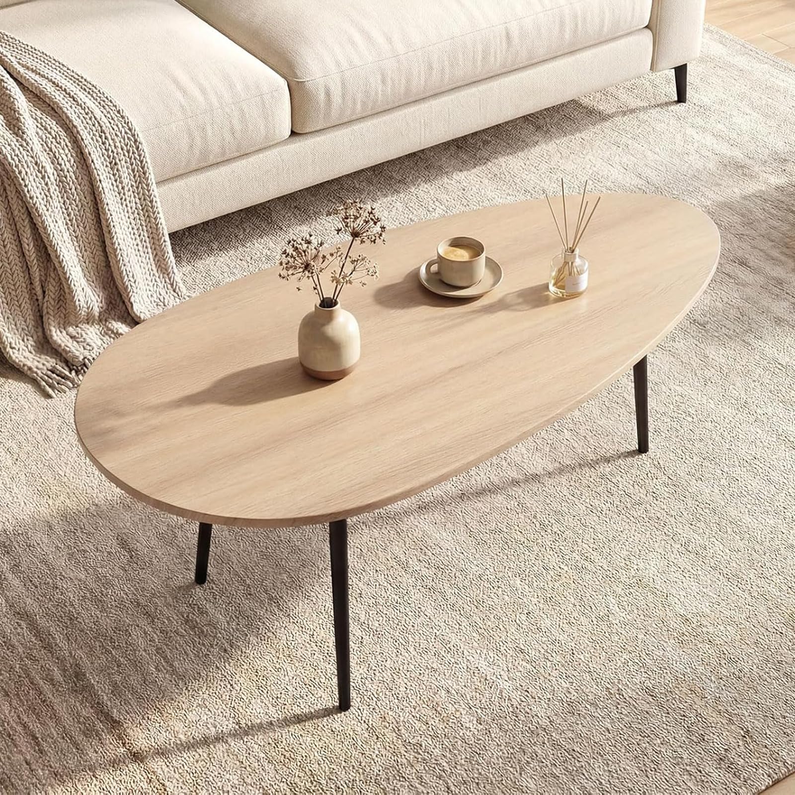 Giantex Oval Coffee Table, Mid Century Modern Center Table with Sturdy Metal Frame and Compact Design, Vintage Accent Cocktail Tea Table, Wood Living Room Tables for Small Spaces (Black)