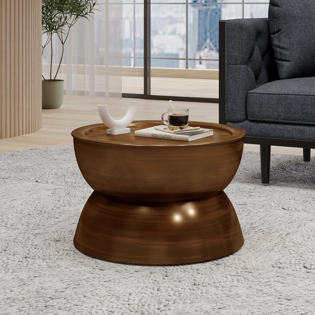 Merax Metal Hammered Coffee Table 24.25" Round Tabletop, Modern Iron Hourglass Coffee Table for Living Room, No Assembly Required, Bear 150lbs, Antique Bronze