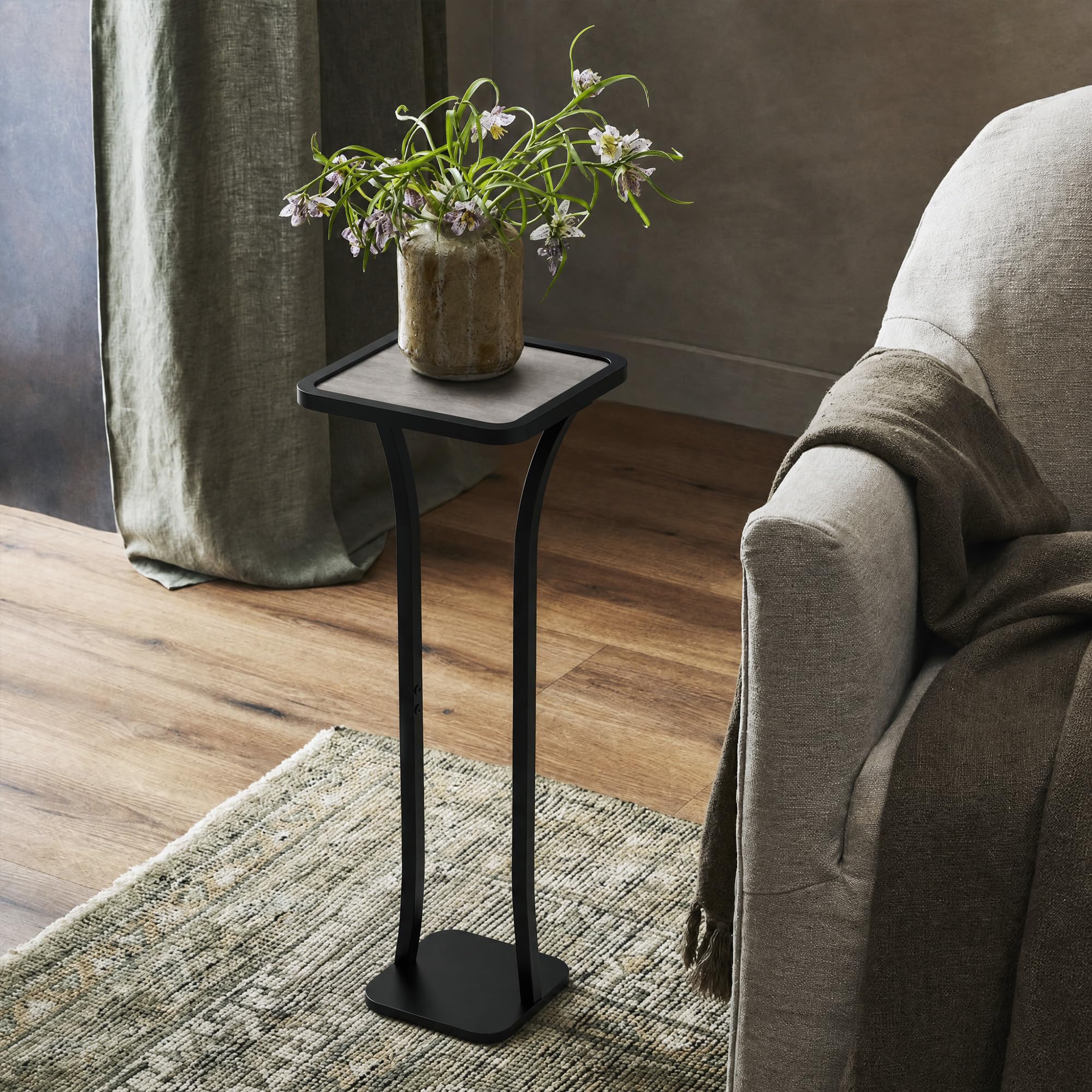 Small Square Side Table, Drink Table with Weighted Base, Solid Wood & Metal Accent Table for Small Spaces, Pedestal End Table for Living Room, Bedroom, Office(Black + Walnut)