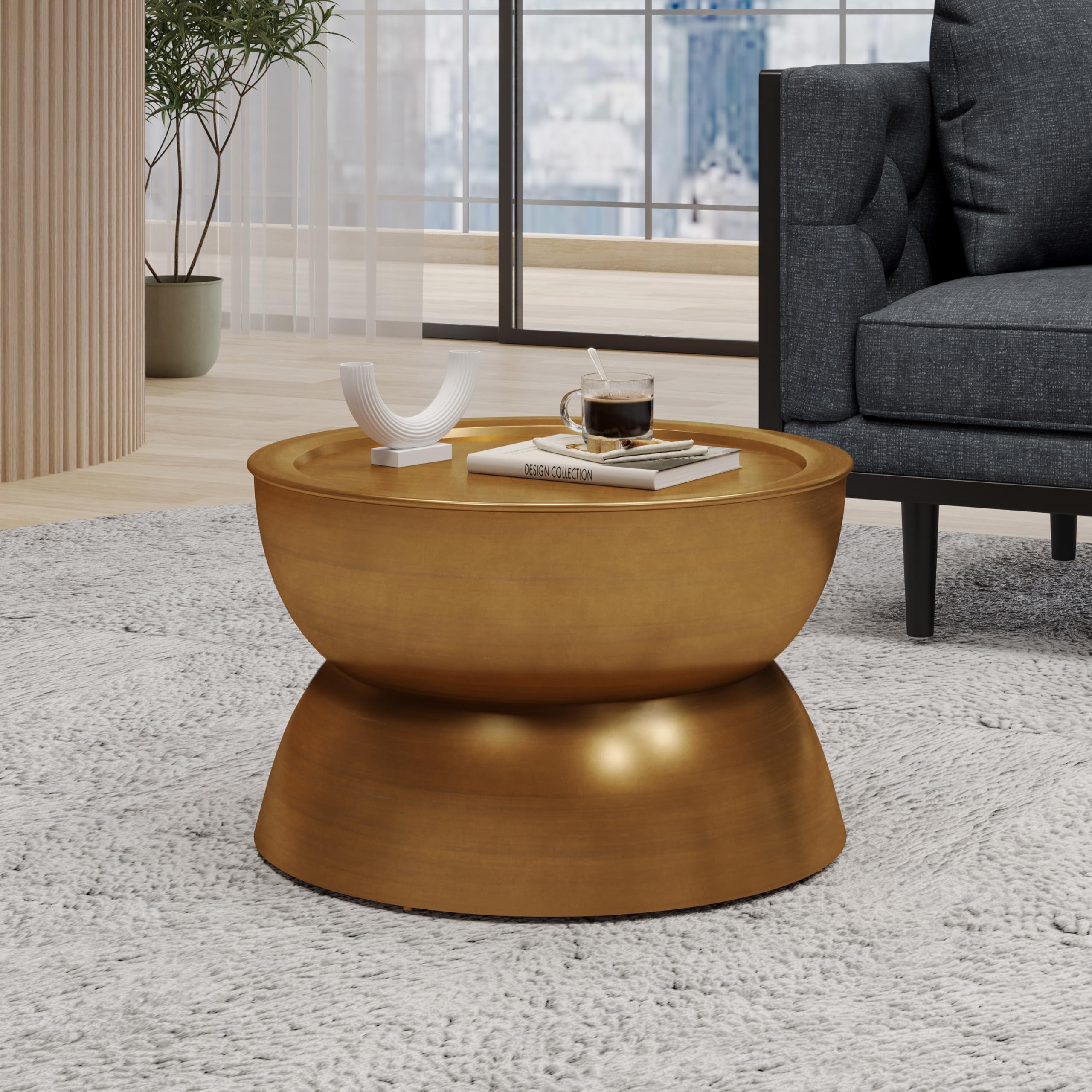 Merax Metal Hammered Coffee Table 24.25" Round Tabletop, Modern Iron Hourglass Coffee Table for Living Room, No Assembly Required, Bear 150lbs, Antique Bronze