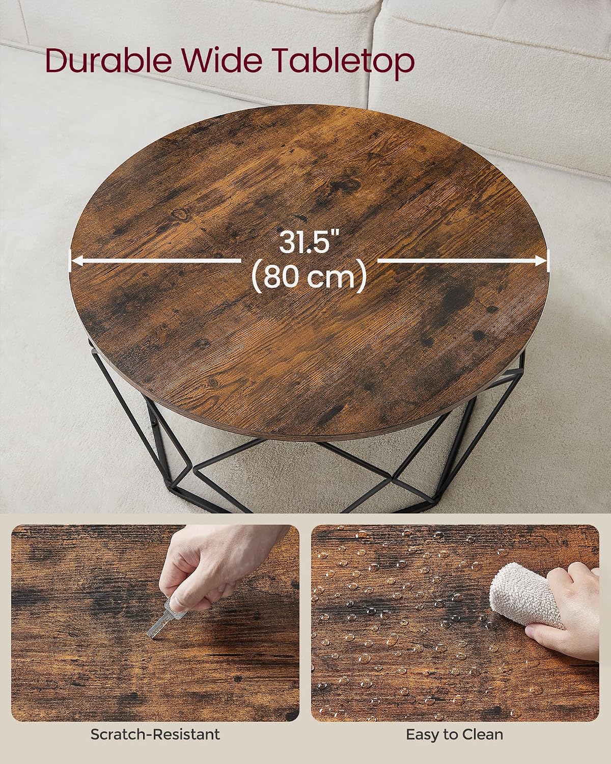 VASAGLE Round Coffee Table for Living Room, Cage Cocktail Table with Steel Frame, 31.5 Inches Dia., Industrial Style, Rustic Brown and Black ULCT040B01