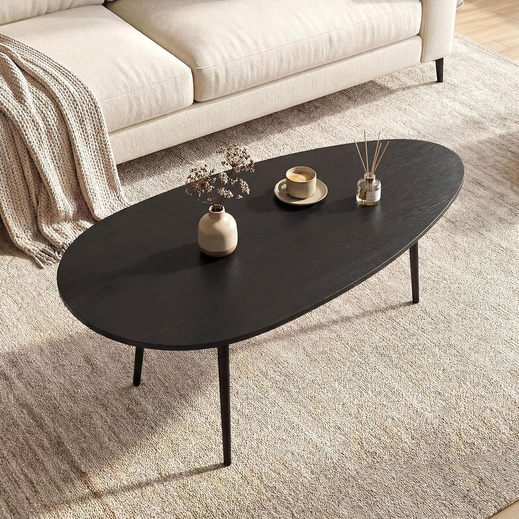 Giantex Oval Coffee Table, Mid Century Modern Center Table with Sturdy Metal Frame and Compact Design, Vintage Accent Cocktail Tea Table, Wood Living Room Tables for Small Spaces (Black)