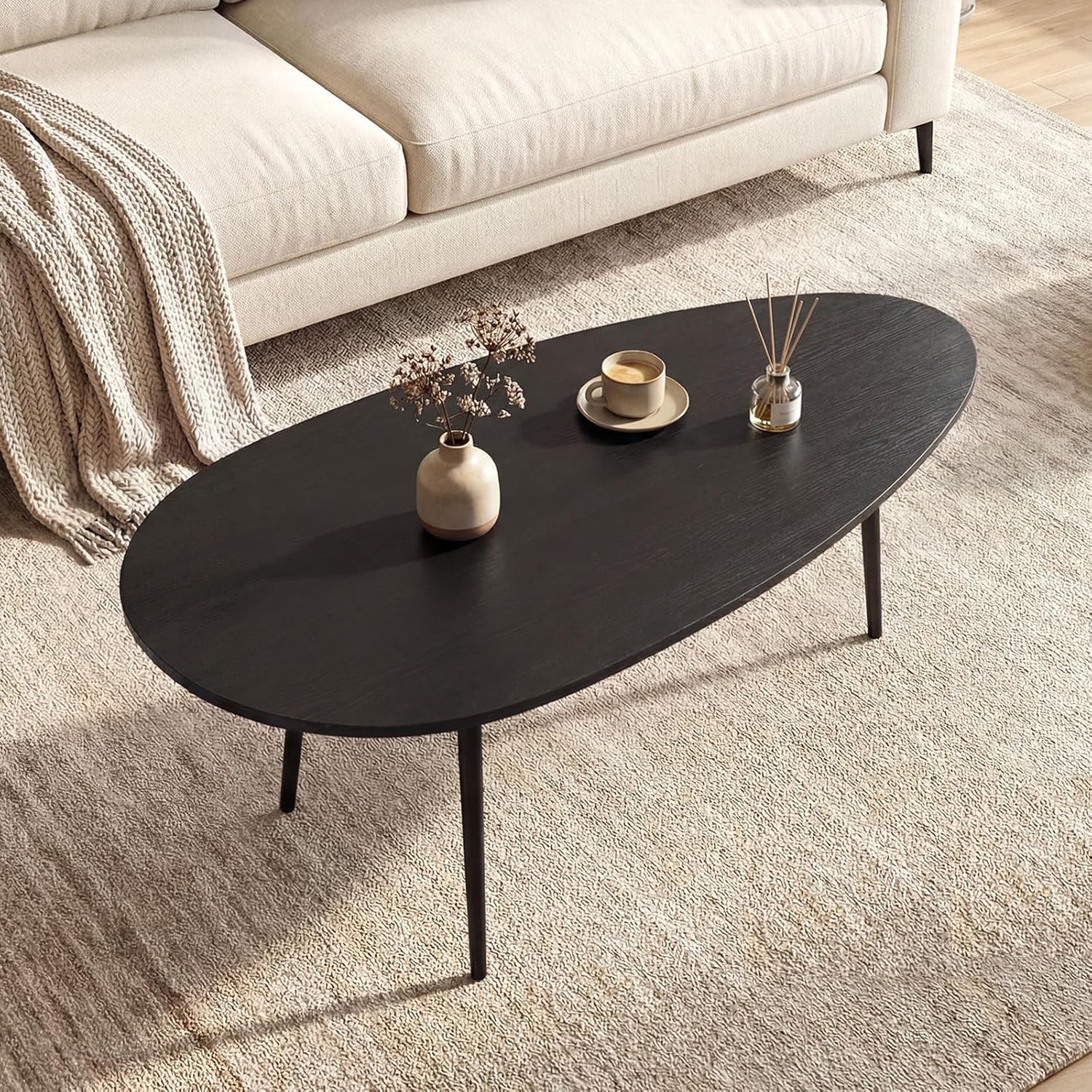 Giantex Oval Coffee Table, Mid Century Modern Center Table with Sturdy Metal Frame and Compact Design, Vintage Accent Cocktail Tea Table, Wood Living Room Tables for Small Spaces (Black)