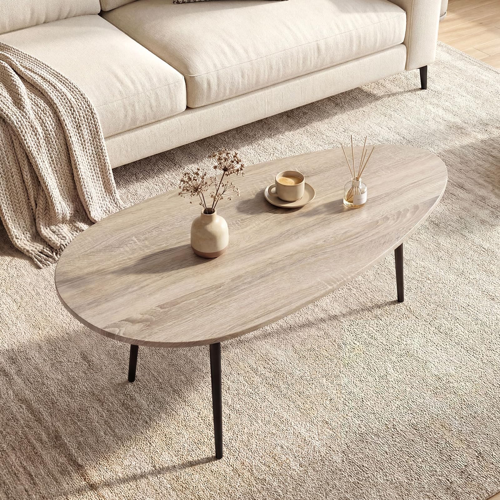 Giantex Oval Coffee Table, Mid Century Modern Center Table with Sturdy Metal Frame and Compact Design, Vintage Accent Cocktail Tea Table, Wood Living Room Tables for Small Spaces (Black)