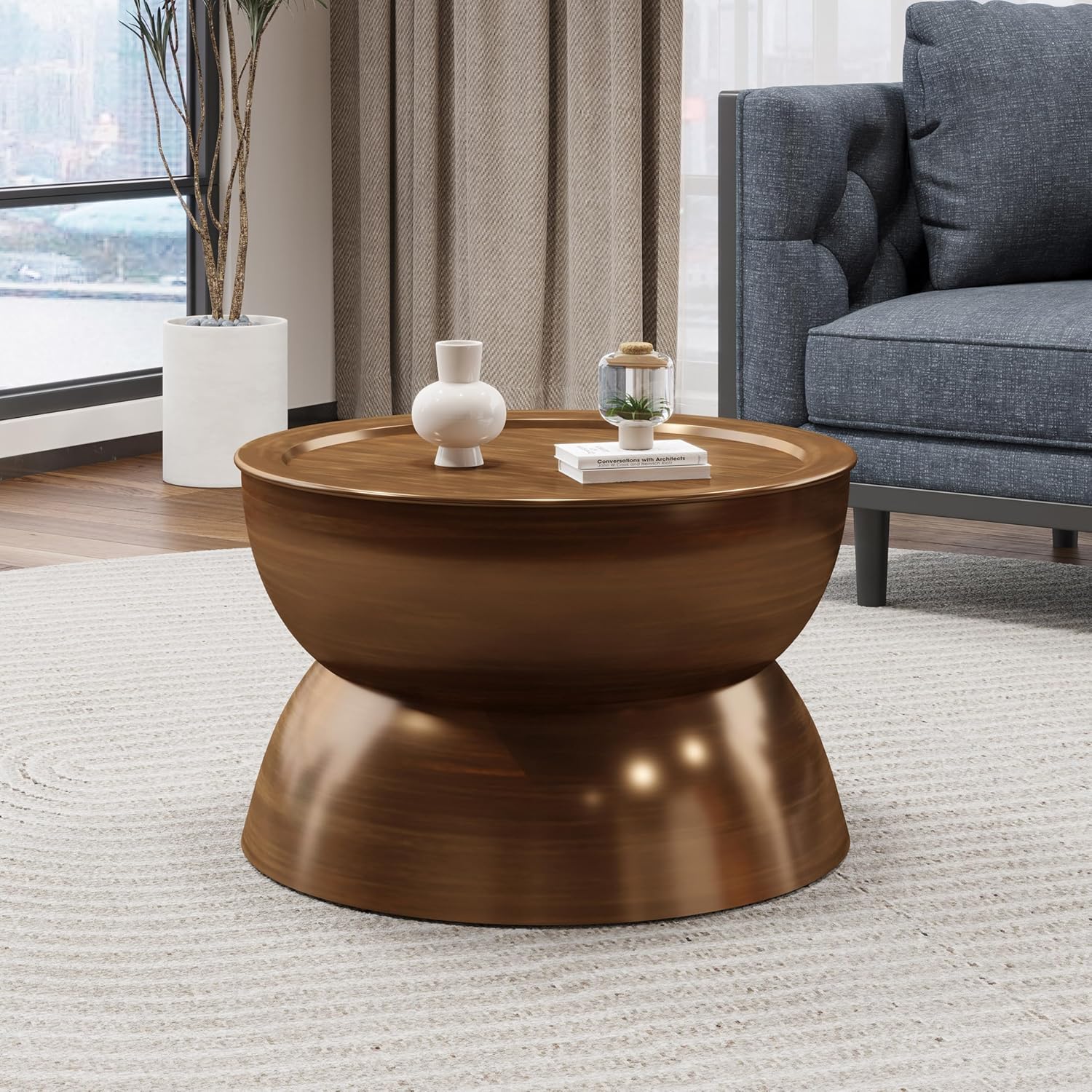 Merax Metal Hammered Coffee Table 24.25" Round Tabletop, Modern Iron Hourglass Coffee Table for Living Room, No Assembly Required, Bear 150lbs, Antique Bronze