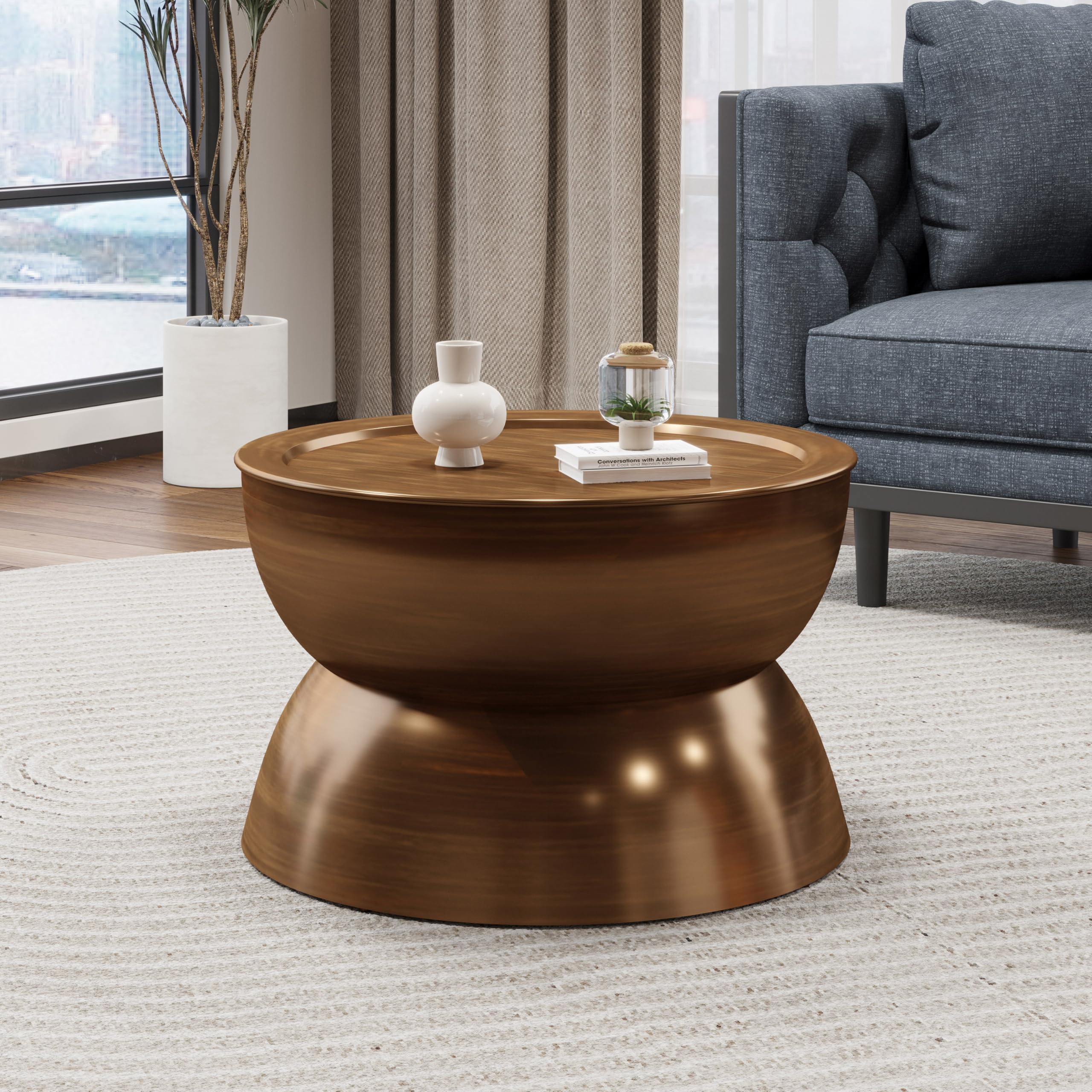 Merax Metal Hammered Coffee Table 24.25" Round Tabletop, Modern Iron Hourglass Coffee Table for Living Room, No Assembly Required, Bear 150lbs, Antique Bronze