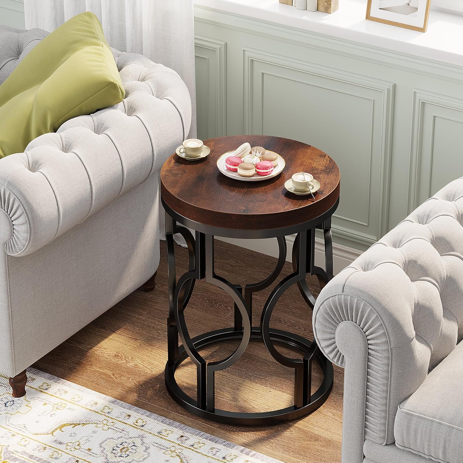 Tribesigns Round End Table, Industrial SideTable with Metal Hollow Frame, Small Bedside Table Nightstand for Living Room, Bedroom, Easy Assembly (Rustic Brown,1PC)